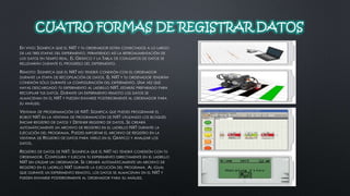 CUATRO FORMAS DE REGISTRAR DATOS 
EN VIVO: SIGNIFICA QUE EL NXT Y TU ORDENADOR ESTÁN CONECTADOS A LO LARGO 
DE LAS TRES ETAPAS DEL EXPERIMENTO, PERMITIENDO ASÍ LA RETROALIMENTACIÓN DE 
LOS DATOS EN TIEMPO REAL. EL GRÁFICO Y LA TABLA DE CONJUNTOS DE DATOS SE 
RELLENARÁN DURANTE EL PROGRESO DEL EXPERIMENTO. 
REMOTO: SIGNIFICA QUE EL NXT NO TENDRÁ CONEXIÓN CON EL ORDENADOR 
DURANTE LA ETAPA DE RECOPILACIÓN DE DATOS. EL NXT Y TU ORDENADOR TENDRÁN 
CONEXIÓN SÓLO DURANTE LA CONFIGURACIÓN DEL EXPERIMENTO. UNA VEZ QUE 
HAYAS DESCARGADO TU EXPERIMENTO AL LADRILLO NXT, ESTARÁS PREPARADO PARA 
RECOPILAR TUS DATOS. DURANTE UN EXPERIMENTO REMOTO LOS DATOS SE 
ALMACENAN EN EL NXT Y PUEDEN ENVIARSE POSTERIORMENTE AL ORDENADOR PARA 
SU ANÁLISIS. 
VENTANA DE PROGRAMACIÓN DE NXT: SIGNIFICA QUE PUEDES PROGRAMAR EL 
ROBOT NXT EN LA VENTANA DE PROGRAMACIÓN DE NXT UTILIZANDO LOS BLOQUES 
INICIAR REGISTRO DE DATOS Y DETENER REGISTRO DE DATOS. SE CREARÁ 
AUTOMÁTICAMENTE UN ARCHIVO DE REGISTRO EN EL LADRILLO NXT DURANTE LA 
EJECUCIÓN DEL PROGRAMA. PUEDES IMPORTAR EL ARCHIVO DE REGISTRO EN LA 
VENTANA DE REGISTRO DE DATOS PARA VERLO EN EL GRÁFICO Y ANALIZAR LOS 
DATOS. 
REGISTRO DE DATOS DE NXT: SIGNIFICA QUE EL NXT NO TENDRÁ CONEXIÓN CON TU 
ORDENADOR. CONFIGURA Y EJECUTA TU EXPERIMENTO DIRECTAMENTE EN EL LADRILLO 
NXT SIN UTILIZAR UN ORDENADOR. SE CREARÁ AUTOMÁTICAMENTE UN ARCHIVO DE 
REGISTRO EN EL LADRILLO NXT DURANTE LA EJECUCIÓN DEL PROGRAMA. AL IGUAL 
QUE DURANTE UN EXPERIMENTO REMOTO, LOS DATOS SE ALMACENAN EN EL NXT Y 
PUEDEN ENVIARSE POSTERIORMENTE AL ORDENADOR PARA SU ANÁLISIS. 
 