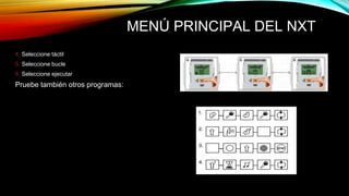MENÚ PRINCIPAL DEL NXT 
4. Seleccione táctil 
5. Seleccione bucle 
6. Seleccione ejecutar 
Pruebe también otros programas: 
 