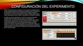 CONFIGURACIÓN DEL EXPERIMENTO 
Todos los experimentos cuentan con un panel de configuración en 
el que puedes ajustar los parámetros del experimento. Cambiando 
la velocidad y duración de un experimento, puedes cambiar la 
frecuencia con la que se recopilan los datos. Puedes utilizar hasta 
cuatro sensores al mismo tiempo, cambiando la unidad de medida. 
La tabla de conjunto de datos: La Tabla de conjunto de datos 
muestra todos los valores de los ejes x e y derivados de 
predicciones y conjuntos de datos. Puedes modificar cómo deben 
mostrarse las predicciones y conjuntos de datos en el Gráfico u 
ocultar las predicciones y conjuntos de datos seleccionados, 
cambiar los colores, el estilo del gráfico y la unidad de medida. La 
Tabla de conjunto de datos presenta tus predicciones y resultados 
numéricamente, mientras que el Gráfico es la representación visual 
de los mismos datos. 
 