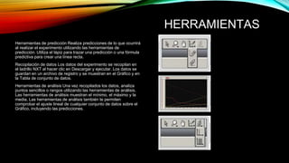 HERRAMIENTAS 
Herramientas de predicción Realiza predicciones de lo que ocurrirá 
al realizar el experimento utilizando las herramientas de 
predicción. Utiliza el lápiz para trazar una predicción o una fórmula 
predictiva para crear una línea recta. 
Recopilación de datos Los datos del experimento se recopilan en 
el ladrillo NXT al hacer clic en Descargar y ejecutar. Los datos se 
guardan en un archivo de registro y se muestran en el Gráfico y en 
la Tabla de conjunto de datos. 
Herramientas de análisis Una vez recopilados los datos, analiza 
puntos sencillos o rangos utilizando las herramientas de análisis. 
Las herramientas de análisis muestran el mínimo, el máximo y la 
media. Las herramientas de análisis también te permiten 
comprobar el ajuste lineal de cualquier conjunto de datos sobre el 
Gráfico, incluyendo las predicciones. 
 