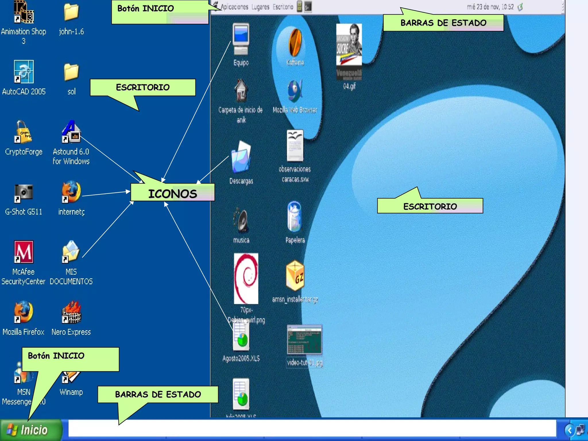 Botón INICIO
                                  BARRAS DE ESTADO




               ESCRITORIO




                     ICONOS
                                  ESCRITORIO




Botón INICIO



               BARRAS DE ESTADO
 