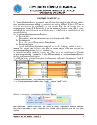 UNIVERSIDAD TÉCNICA DE MACHALA
FACULTAD DE CIENCIAS QUÍMICAS Y DE LA SALUD

CARRERA DE ENFERMERÍA
FORMATO CONDICIONAL
El Formato Condicional es un herramienta muy útil como información gráfica adicional para los
datos numéricos que están en celdas o en rangos, con mas razón si hablamos de Excel 2007, que ha
mejorado enormemente las posibilidades en este aspecto. Este tipo de formato tiene un
comportamiento similar al de la función SI ya que otorga un formato a una celda o rango,
dependiendo del cumplimiento de una condición, que es en definitiva, el cumplimiento de una
proposición lógica.
Los formatos condicionales mas novedosos son:
1. Barra de datos:
Es semejante a un gráfico de barras proporcional al numero en la celdas.
2. Escala de color:
Da un color a una celda, de acuerdo al valor de esta.
3. Conjunto de íconos:
permite según el valor de un celda compararla con otro de referencia y añadirle un ícono.
Aunque hay muchas mas opciones; entre ellas se pueden marcar celdas que cumplan con
determinadas condiciones y dar colores a los números.
Se puede también aplicar mas de un formato a una celda, o sea, si una condición cambia el tamaño
de la fuente de una celda y otra cambia el color del fondo, cuando se cumplan ambas condiciones ,
también se aplicaran ambos formatos.
La tabla1 que se ve a continuación contiene simultáneamente los formatos Barra de datos, Escala de
colores y Conjunto de íconos

Para aplicar estos formatos el método es muy parecido.
En la cinta de opciones vamos a la pestaña "Inicio" y luego al panel "Estilos"

al pulsar en este aparece otro panel también llamado "Estilos"

donde pulsamos "Formato condicional" que cambia de color y despliega un menú de opciones,
donde están destacados en rojo los formatos mencionados al principio mas otros dos en la parte
superior
DOCENTE: ING. SIST. KARINA E. GARCÍA G.

129

 