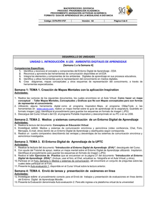 MACROPROCESO: DOCENCIA
PROCESO: PROGRAMACIÓN ACADEMICA
PROCEDIMIENTO ASIGNACIÓN ACTIVIDAD ACADÉMICA
FORMATO: GUIA DE APRENDIZAJE EN LA MODALIDAD A DISTANCIA
Código: D-PA-P01-F07 Versión: 02 Página 4 de 9
DESARROLLO DE UNIDADES
UNIDAD 1. INTRODUCCIÓN A LOS AMBIENTES DIGITALES DE APRENDIZAJE
(Semana 1 a la Semana 4)
Competencias Especificas:
1. Identifica y reconoce el concepto y componentes del Entorno Digital de Aprendizaje - EDA
2. Reconoce y aprovecha las herramientas de comunicación disponibles en el EDA
3. Integra los elementos y componentes de los ambientes Digitales de aprendizaje en sus procesos educativos.
4. Identifica y utiliza herramientas para la representación del conocimiento en medios digitales.
5. Crea diagramas, mapas conceptúales y otros esquemas de representación del conocimiento, a través de
herramientas especializadas.
Semana 1: TEMA 1. Creación de Mapas Mentales con la aplicación Inspiration
Actividades:
1. Realice las Lecturas de los siguientes documentos, los cuales encontrara en el Aula Virtual: Como hacer un mapa
conceptual - Taller Mapas Mentales, Conceptuales y Graficas que No son Mapas conceptuales pero son formas
de representar el conocimiento.
2. Utilizando alguna herramienta digital como el programa Inspiration Maps, el programa CMapTools o las
herramientas en www.cacoo.com, realice un mapa mental sobre la guía de aprendizaje de la asignatura. Guárdelo en
formato imagen (.jpg). Identifique el procedimiento para guardar los esquemas en formato de imagen (.JPG)
3. Descargue del Curso Virtual o del CD, el programa Portable Inspiration y descomprímalo en su PC o en su USB.
Semana 2. TEMA 2. Medios y sistemas comunicación de un Entorno Digital de Aprendizaje
Actividades:
4. Realice la lectura del documento: Conceptos en Educación Virtual
5. Investigue sobre: Medios y sistemas de comunicación sincrónica y asincrónica (video conferencia, Chat, Foro,
Mensajes, E-mail, otros) dentro de un Entorno Digital de Aprendizaje y clasifíquelos según corresponda.
6. Realice un cuadro comparativo describiendo las ventajas y desventajas de los sistemas de comunicación sincrónica y
asincrónica investigados.
Semana 3. TEMA 3. El Entorno Digital de Aprendizaje de la UPTC
Actividades:
7. Realice la lectura del documento “Introducción al Entorno Digital de Aprendizaje (EVA)”, descárguelo del Curso.
8. Con ayuda del Tutorial de apoyo, realice un mapa mental sobre el Entorno Digital de Aprendizaje utilizando Inspitarion.
Identifique el procedimiento para guardar los esquemas en formato de imagen (.JPG)
9. Realice el taller Ejercicios de Practica que se encuentran en la página 27 del documento “Introducción al Entorno
Digital de Aprendizaje (EDA)”. (Incluye, usar el foro, el Chat, actualizar su fotografía en el Aula Virtual, y otros).
10. Participe en el Foro. Semana 3. Medios y sistemas de comunicación, allí encontrará un conjunto de preguntas sobre las
cuales debe participar en el Foro.
11. Presente la Auto-evaluación 1, disponible en el Curso Virtual sobre la lectura anterior.
Semana 4: TEMA 4. Envió de tareas y presentación de exámenes en línea
Actividades:
12. Investigue sobre: el procedimiento correcto para el Envió de trabajos y presentación de evaluaciones en línea dentro
del Entorno Digital de Aprendizaje Moodle.
13. Presente la Evaluación denominada Auto-evaluación 2: Para ello ingrese a la plataforma virtual de la universidad
 