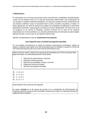 GUÍA PARA EL SUSTENT ANTE DEL EXAMEN GENERAL PARA EL EGRESO DE LA LICENCIATURA EN INGENIERÍA MECATRÓNICA




6. Multirreactivo

El multirreactivo es un formato que permite evaluar conocimientos y habilidades interrelacionados,
a partir de una temática común en un área de conocimiento determinada o de la descripción de
una situación o problema profesional específico. Su estructura presenta primero la descripción de
una situación, problema o caso, el cual puede incluir un texto, una tabla, una gráfica, un mapa o un
dibujo seguido por una serie de reactivos que deben ser contestados considerando la información
presentada inicialmente. Cada pregunta se evalúa de manera independiente. De esta forma, si de
una pregunta no se conoce la respuesta, conviene continuar con el resto de los reactivos
relacionados con el mismo problema. Los reactivos pertenecientes al multirreactivo pueden adoptar
distintos formatos, como los que se han descrito anteriormente.

Ejemplo correspondiente al área de Coordinación de proyectos:

                       Lea el siguiente caso y conteste las preguntas asociadas.

En una empresa manufacturera en donde se producen transmisiones automáticas, acaban de
asignar al ingeniero que fungirá como líder de proyectos para la instalación y puesta en marcha de
tres líneas de producción para una nueva línea de automóviles de lujo.

Dada la situación anterior, determine la secuencia de actividades que el líder de proyecto debe
seguir para lograr una adecuada planeación del proyecto.

             1.      Definición de requerimientos y alcances
             2.      Elaboración del presupuesto
             3.      Definición de actividades, tiempos y recursos
             4.      Elaboración del plan de trabajo
             5.      Definición de paquetes de trabajo


A)   1, 5, 3, 2, 4
B)   4, 1, 3, 5, 2
C)   2, 1, 5, 3, 4
D)   2, 4, 3, 1, 5


Argumentación de las opciones de respuesta


La opción correcta es la A, porque de acuerdo con la metodología de Administración de
Proyectos presenta la secuencia de actividades necesaria para lograr una adecuada planeación
y ejecución de un proyecto.




                                                     22
 