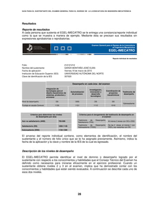 GUÍA PARA EL SUSTENT ANTE DEL EXAMEN GENERAL PARA EL EGRESO DE LA LICENCIATURA EN INGENIERÍA MECATRÓNICA




Resultados

Reporte de resultados
A cada persona que sustenta el EGEL-IMECATRO se le entrega una constancia/reporte individual
como la que se muestra a manera de ejemplo. Mediante ésta se precisan sus resultados sin
expresiones aprobatorias o reprobatorias.

                                                                                Examen General para el Egreso de la Licenciatura
                                                                                                      en Ingeniería Mecatrónica
                                                                                                    EGEL-IMECATRO

                                                                                                         Reporte individual de resultados



Folio:                                            212121212
Nombre del sustentante:                           GARZA MONTAÑO JOSÉ ELIAS
Fecha de aplicación:                              Viernes,19 de marzo de 2010
Institución de Educación Superior (IES)           UNIVERSIDAD AUTÓNOMA DEL NORTE
Clave de identificación de la IES                 357020


                                                         Desempeño en cada área del examen

                             Integración de
                                                                              Investigación,
                             tecnologías para el                                                  Coordinación de
                                                        Automatización         innovación y                           Testimonio de
                             diseño mecatrónico de                                                  proyectos
                                                         de procesos             desarrollo                            desempeño
                             sistemas, productos y                                                 mecatrónicos
                                                                                tecnológico
                             procesos

Nivel de desempeño                     DS                    DSS                     DS                 DS
                                                                                                                       Sobresaliente
Puntaje en escala Ceneval             1130                  1151                     1110              1019




         Criterios para determinar los niveles                     Criterios para el otorgamiento del testimonio de desempeño en
                de desempeño por área                                                         el examen
                                                               Testimonio      de     Desempeño
Aún no satisfactorio (ANS)                  700-999                                                 Al menos 2 áreas con DS o DSS
                                                               Satisfactorio (TDS)
                                                               Testimonio     de  Desempeño         De las 4 áreas, al menos 1 con
Satisfactorio (DS)                          1000-1149
                                                               Sobresaliente (TDSS)                 DSS y las restantes con DS
Sobresaliente (DSS)                         1150-1300


El anverso del reporte individual contiene, como elementos de identificación, el nombre del
sustentante y el número de folio único que se le ha asignado previamente. Asimismo, indica la
fecha de la aplicación y la clave y nombre de la IES de la cual es egresado.


Descripción de los niveles de desempeño

El EGEL-IMECATRO permite identificar el nivel de dominio o desempeño logrado por el
sustentante con respecto a los conocimientos y habilidades que el Consejo Técnico del Examen ha
definido como necesarios para iniciarse eficazmente en el ejercicio profesional. Cuando un
sustentante obtiene niveles 2 y 3 en el examen, implica que ha demostrado contar con los
conocimientos y habilidades que están siendo evaluados. A continuación se describe cada uno de
esos dos niveles.




                                                               28
 