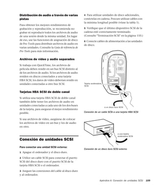Apéndice A: Conexión de unidades SCSI 109
Distribución de audio a través de varias
pistas
Para obtener los mejores rendimientos de
grabación y reproducción, se recomienda no
grabar ni reproducir todos los archivos de audio
de una sesión desde la misma unidad. En lugar
de eso, use las funciones de asignación de disco
de Pro Tools para distribuir archivos de audio en
varias unidades. Consulte la Guía de referencia de
Pro Tools para más información.
Archivos de vídeo y audio separados
Si trabaja con QuickTime, los archivos de
película deben residir en un bus SCSI distinto al
de los archivos de audio. Si los archivos de audio
residen en discos conectados a una tarjeta
HBA SCSI, los datos de vídeo deberían residir en
unidades conectadas a otro bus SCSI.
Tarjetas HBA SCSI de doble canal
Si utiliza una tarjeta HBA SCSI de doble canal
también debe tener los archivos de audio en
unidades conectadas a cada uno de los dos buses
de la tarjeta, para asegurar el mejor rendimiento
posible.
Si usa archivos de vídeo, asegúrese de colocar
los archivos de vídeo en un bus y los de audio
en otro.
Conexión de unidades SCSI
Para conectar una unidad SCSI externa:
1 Apague el ordenador y el disco duro.
2 Utilice un cable SCSI para conectar el puerto
SCSI del disco duro con el puerto SCSI de la
tarjeta HBA SCSI o el ordenador.
3 Asegure las conexiones del cable al disco duro
y al ordenador.
4 Para utilizar unidades de disco adicionales,
conéctelas en cadena. Procure utilizar cables con
la mínima longitud posible (véase la tabla 1).
5 Veriﬁque que el último dispositivo SCSI de la
cadena esté correctamente terminado.
(Consulte "Terminación SCSI" en la página 110.)
6 Conecte cables de alimentación a las unidades
de disco.
Conexión de un cable SCSI a una tarjeta HBA SCSI
Conexión de un disco duro SCSI externo
to SCSI hard drive
SCSI accelerator cardTarjeta aceleradora
SCSI
a un disco duro SCSI
to SCSI accelerator card
a una tarjeta
aceleradora SCSI
 