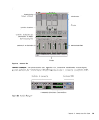 Capítulo 6: Trabajo con Pro Tools 75
S
Ventana Transport Contiene controles para reproducción, detención, rebobinado, avance rápido,
pausa y grabación. La ventana Transport también puede mostrar el contador y los controles MIDI.
Figura 9. Ventana Mix
Pistas
Inserciones
Envíos
Controles de pista
Controles deslizantes de
Atenuador de volumen Medidor de nivel
Inserción de
Controles de envío
módulo adicional
panorámico de audio
Figura 10. Ventana Transport
Controles de transporte
Contadores principales y secundarios
Controles MIDI
 