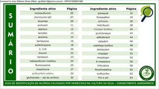 S
U
M
Á
R
I
O
Ingrediente ativo Página
nicossulfurom 05
clorimuron-etil 07
dicamba 09
picloram 11
alacloro 12
lactofen 13
atrazina 14
bentazona 16
sulfentrazona 18
2, 4-D 20
linuron 22
bentazon 23
halossulfuron-metilico 24
flumioxazina 25
mesotriona 27
acifluorfem-sódico 29
glufosinato – sal de amônio 30
Ingrediente ativo Página
paraquat 32
fomesafem 34
glifosato 36
metribuzin 38
triclopir-butílico 40
quincloraque 42
saflufenacil 44
cletodim 46
cialofope butílico 48
diclosulam 50
imazapir 52
imazetapir 54
S-metacloro 56
trifuralina 58
Pendimetalina 60
oxifluorfen 62
frio e sol 64
Licensed to Joao Gilberto Alves Villela - jgvillela13@yahoo.com.br - HP01015958851886
 