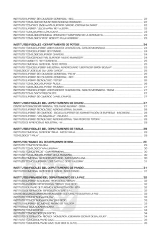 INSTITUTO SUPERIOR DE EDUCACIÓN COMERCIAL - ISEC............................................................................................................................................. 22
INSTITUTO TECNOLÓGICO COMUNITARIO INDIGENA ORIGINARIO............................................................................................................................. 22
INSTITUTO TÉCNICO DE ENSEÑANZA SUPERIOR “MADRE JOSÉFINA BALSAMO”............................................................................................ 22
INSTITUTO SUPERIOR “JESÚS MARÍA” FE Y ALEGRÍA....................................................................................................................................................... 22
INSTITUTO TECNICO MARIA AUXILIADORA............................................................................................................................................................................ 23
INSTITUTO TECNOLÓGICO INDÍGENA, ORIGINARIO Y CAMPESINO DE LA CORDILLERA.................................................................................. 23
INSTITUTO TECNOLÓGICO “PROF. ROBERTO PILLAI HERRERA”................................................................................................................................... 23
INSTITUTOS FISCALES - DEPARTAMENTO DE POTOSÍ.......................................................................................................... 24
INSTITUTO TÉCNICO SUPERIOR LIBERTADOR DE CHARCAS CNL. CARLOS MEDINACELI............................................................................. 24
INSTITUTO TÉCNICO SUPERIOR CENTENARIO...................................................................................................................................................................... 24
INSTITUTO TECNOLÓGICO SUPERIOR CHARCAS................................................................................................................................................................. 24
INSTITUTO TÉCNICO INDUSTRIAL SUPERIOR “NUEVO AMANECER”......................................................................................................................... 24
INSTITUTO HUMBERTO PORTOCARRERO............................................................................................................................................................................... 25
INSTITUTO COMERCIAL SUPERIOR - INCOS POTOSI.......................................................................................................................................................... 25
INSTITUTO TÉCNICO SUPERIOR INDUSTRIAL AGROPECUARIO “LIBERTADOR SIMÓN BOLÍVAR”.............................................................. 25
TECNOLÓGICO “JOSÉ LUIS SAN JUAN GARCÍA”.................................................................................................................................................................. 25
INSTITUTO SUPERIOR DE EDUCACIÓN COMERCIAL “PIO XII”........................................................................................................................................ 26
INSTITUTO SUPERIOR DE EDUCACIÓN COMERCIAL - ISEC............................................................................................................................................. 26
INSTITUTO SUPERIOR TECNOLÓGICO “POTOSÍ”................................................................................................................................................................... 26
INSTITUTO TECNOLÓGICO SUPERIOR ÑUQUI........................................................................................................................................................................ 26
INSTITUTO TECNOLÓGICO SUPERIOR THUMILKI................................................................................................................................................................. 27
INSTITUTO TÉCNICO SUPERIOR LIBERTADOR DE CHARCAS CNL. CARLOS MEDINACELI - TASNA.......................................................... 27
INSTITUTO TECNOLÓGICO TRES CRUCES............................................................................................................................................................................... 27
INSTITUTO SUPERIOR DE COMERCIO DANIEL CAMPOS.................................................................................................................................................. 27
INSTITUTOS FISCALES DEL DEPARTAMENTO DE ORURO................................................................................................... 27
CENTRO INTEGRADO EXPERIMENTAL “BOLIVIANO ALEMAN” - CIEBA..................................................................................................................... 27
INSTITUTO SUPERIOR TECNOLÓGICO AGROINDUSTRIAL SAJAMA........................................................................................................................... 28
INSTITUTO SUPERIOR DE COMERCIO - ESCUELA SUPERIOR DE ADMINISTRACIÓN DE EMPRESAS - INSCO ESAE.......................... 28
INSTITUTO SUPERIOR “JESÚS-MARÍA 2” - INSJEM 2........................................................................................................................................................ 28
INSTITUTO SUPERIOR TECNOLÓGICO AGROINDUSTRIAL “SAN PEDRO DE TOTORA”...................................................................................... 28
INSTITUTO DE APRENDIZAJE INDUSTRIAL - IAI................................................................................................................................................................... 29
INSTITUTOS FISCALES DEL DEPARTAMENTO DE TARIJA.................................................................................................... 29
INSTITUTO COMERCIAL SUPERIOR TARIJA - INCOS TARIJA......................................................................................................................................... 29
TECNOLÓGICO “TARIJA”................................................................................................................................................................................................................... 29
INSTITUTOS FISCALES DEL DEPARTAMENTO DE BENI.................................................................................................................................. 29
INSTITUTO TÉCNICO INCOS-BENI................................................................................................................................................................................................. 29
INSTITUTO TECNOLÓGICO “ARAJURUANA”........................................................................................................................................................................... 30
INSTITUTO TÉCNICO “INCOS” - GUAYARAMERIN................................................................................................................................................................. 30
INSTITUTO TÉCNOLOGICO SUPERIOR DE LA AMAZONIA................................................................................................................................................ 30
INSTITUTO COMERCIAL SUPERIOR NOCTURNO - INCOS SANTA ANA..................................................................................................................... 30
INSTITUTO TÉCNICO SUPERIOR “JOSÉ CASTILLO DE FE Y ALEGRÍA”........................................................................................................................ 31
INSTITUTOS FISCALES DEL DEPARTAMENTO DE PANDO................................................................................................... 31
INSTITUTO COMERCIAL SUPERIOR DE PANDO - INCOS PANDO................................................................................................................................. 31
INSTITUTOS PRIVADOS DEL DEPARTAMENTO DE LA PAZ.................................................................................................. 32
INSTITUTO SUPERIOR ACADÉMICO PROFESIONAL”BERLIN”......................................................................................................................................... 32
INSTITUTO ACADÉMICO PROFESIONAL “BERLIN” (SUB SEDE)..................................................................................................................................... 32
INSTITUTO BOLIVIANO DE TURISMO Y ADMINISTRACIÓN - IBTA............................................................................................................................... 32
INSTITUTO DE FORMACIÓN ESPECIALIZADA “LIFE” S.R.L................................................................................................................................................ 32
CENTRO BOLIVIANO AMERICANO FUNDACIÓN CULTURAL Y EDUCATIVA LA PAZ.......................................................................................... 33
INSTITUTO TÉCNICO “NUEVA BOLIVIA”..................................................................................................................................................................................... 33
INSTITUTO TÉCNICO “NUEVA BOLIVIA” (SUB SEDE)........................................................................................................................................................... 33
INSTITUTO SUPERIOR ECUMÉNICO ANDINO DE TEOLOGÍA........................................................................................................................................... 33
INSTITUTO DE EDUCACIÓN BANCARIA.................................................................................................................................................................................... 34
INSTITUTO TÉCNICO COPEC........................................................................................................................................................................................................... 34
INSTITUTO TÉCNICO COPEC (SUB SEDE)................................................................................................................................................................................. 34
INSTITUTO DE FORMACIÓN TÉCNICA “MONSEÑOR JOSEMARÍA ESCRIVÁ DE BALAGUER”......................................................................... 34
INSTITUTO TÉCNICO BOLIVIANO SUIZO.................................................................................................................................................................................... 35
INSTITUTO TÉCNICO BOLIVIANO SUIZO (SUB SEDE EL ALTO)....................................................................................................................................... 35
 