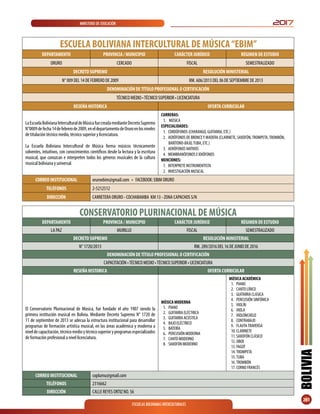 ESCUELAS BOLIVIANAS INTERCULTURALES
2017MINISTERIO DE EDUCACIÓN
BOLIVIA
201
ESCUELA BOLIVIANA INTERCULTURAL DE MÚSICA“EBIM”
DEPARTAMENTO PROVINCIA / MUNICIPIO CARÁCTER JURÍDICO RÉGIMEN DE ESTUDIO
ORURO CERCADO FISCAL SEMESTRALIZADO
DECRETO SUPREMO RESOLUCIÓN MINISTERIAL
N° 009 DEL 14 DE FEBRERO DE 2009 RM. 606/2013 DEL 06 DE SEPTIEMBRE DE 2013
DENOMINACIÓN DETÍTULO PROFESIONAL O CERTIFICACIÓN
TÉCNICO MEDIO •TÉCNICO SUPERIOR • LICENCIATURA
RESEÑA HISTORICA OFERTA CURRICULAR
LaEscuelaBolivianaInterculturaldeMúsicafuecreadamedianteDecretoSupremo
N°0009defecha14defebrerode2009,eneldepartamentodeOruroenlosniveles
de titulación técnico medio, técnico superior y licenciatura.
La Escuela Boliviana Intercultural de Música forma músicos técnicamente
solventes, intuitivos, con conocimientos científicos desde la lectura y la escritura
musical, que conozcan e interpreten todos los géneros musicales de la cultura
musical boliviana y universal.
CARRERAS:
1. MÚSICA
ESPECIALIDADES:
1. CORDÓFONOS (CHARANGO, GUITARRA, ETC.)
2. AERÓFONOS DE BRONCEY MADERA (CLARINETE, SAXOFÓN,TROMPETA,TROMBÓN,
BARÍTONO-BAJO,TUBA, ETC.)
3. AERÓFONOS NATIVOS
4. MEMBRANÓFONOS E IDIÓFONOS
MENCIONES:
1. INTERPRETE INSTRUMENTISTA
2. INVESTIGACIÓN MUSICAL
CORREO INSTITUCIONAL oruroebim@gmail.com • FACEBOOK: EBIM ORURO
TELÉFONOS 2-5212512
DIRECCIÓN CARRETERA ORURO - COCHABAMBA KM 13 - ZONA CAPACHOS S/N
CONSERVATORIO PLURINACIONAL DE MÚSICA
DEPARTAMENTO PROVINCIA / MUNICIPIO CARÁCTER JURÍDICO RÉGIMEN DE ESTUDIO
LA PAZ MURILLO FISCAL SEMESTRALIZADO
DECRETO SUPREMO RESOLUCIÓN MINISTERIAL
N° 1720/2013 RM. 289/2016 DEL 16 DE JUNIO DE 2016
DENOMINACIÓN DETÍTULO PROFESIONAL O CERTIFICACIÓN
CAPACITACIÓN •TÉCNICO MEDIO •TÉCNICO SUPERIOR • LICENCIATURA
RESEÑA HISTORICA OFERTA CURRICULAR
El Conservatorio Plurinacional de Música, fue fundado el año 1907 siendo la
primera institución musical en Bolivia. Mediante Decreto Supremo N° 1720 de
11 de septiembre de 2013 se adecua la estructura institucional para desarrollar
programas de formación artística musical, en las áreas académica y moderna a
niveldecapacitación,técnicomedioytécnicosuperioryprogramasespecializados
de formación profesional a nivel licenciatura.
MÚSICA MODERNA
1.	PIANO
2.	 GUITARRA ELÉCTRICA
3.	 GUITARRA ACÚSTICA
4.	 BAJO ELÉCTRICO
5.	BATERÍA
6.	 PERCUSIÓN MODERNA
7.	 CANTO MODERNO
8.	 SAXOFÓN MODERNO
MÚSICA ACADÉMICA
1.	PIANO
2.	 CANTO LÍRICO
3.	 GUITARRA CLÁSICA
4.	 PERCUSIÓN SINFÓNICA
5.	VIOLÍN
6.	VIOLA
7.	VIOLONCHELO
8.	CONTRABAJO
9.	 FLAUTATRAVERSA
10.	CLARINETE
11.	SAXOFÓN CLÁSICO
12.	OBOE
13.	FAGOT
14.	TROMPETA
15.	TUBA
16.	TROMBÓN
17.	CORNO FRANCÉS
CORREO INSTITUCIONAL coplumu@gmail.com
TELÉFONOS 2316662
DIRECCIÓN CALLE REYES ORTIZ NO. 56
 