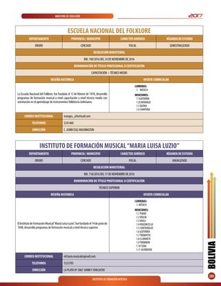 INSTITUTOS DE FORMACIÓN ARTÍSTICA
2017MINISTERIO DE EDUCACIÓN
BOLIVIA
213
ESCUELA NACIONAL DEL FOLKLORE
DEPARTAMENTO PROVINCIA / MUNICIPIO CARÁCTER JURÍDICO RÉGIMEN DE ESTUDIO
ORURO CERCADO FISCAL SEMESTRALIZADO
RESOLUCIÓN MINISTERIAL
RM. 740/2016 DEL 24 DE NOVIEMBRE DE 2016
DENOMINACIÓN DETÍTULO PROFESIONAL O CERTIFICACIÓN
CAPACITACIÓN • TÉCNICO MEDIO
RESEÑA HISTORICA OFERTA CURRICULAR
La Escuela Nacional del Folklore, fue fundada el 13 de febrero de 1978, desarrolla
programas de formación musical a nivel capacitación y nivel técnico medio con
orientación en el aprendizaje de instrumentos folklóricos bolivianos.
CARRERAS:
1.	MÚSICA
MENCIONES:
1.1GUITARRA
1.2CHARANGO
1.3 QUENA
1.4 ZAMPOÑA
CORREO INSTITUCIONAL manges_@hotmail.com
TELÉFONOS 5241460
DIRECCIÓN C. JUNIN ESQ.WASHINGTON
INSTITUTO DE FORMACIÓN MUSICAL“MARIA LUISA LUZIO”
DEPARTAMENTO PROVINCIA / MUNICIPIO CARÁCTER JURÍDICO RÉGIMEN DE ESTUDIO
ORURO CERCADO FISCAL ANUALIZADO
RESOLUCIÓN MINISTERIAL
RM. 718/2016 DEL 17 DE NOVIEMBRE DE 2016
DENOMINACIÓN DETÍTULO PROFESIONAL O CERTIFICACIÓN
TÉCNICO SUPERIOR
RESEÑA HISTORICA OFERTA CURRICULAR
ElInstitutodeFormaciónMusical“MaríaLuisaLuzio”,fuefundadoel14dejuniode
1948, desarrolla programas de formación musical a nivel técnico superior.
CARRERAS:
1. MÚSICA
MENCIONES:
1.1 PIANO
1.2VIOLIN
1.3VIOLA
1.4VIOLONCELLO
1.5 CONTRABAJO
1.6 GUITARRA
1.7TROMPETA
1.8 CLARINETE
1.9TROMBON
1.10TUBA
1.11 ACORDEON
CORREO INSTITUCIONAL ml.luzio.musical@gmail.com
TELÉFONOS 5252705
DIRECCIÓN LA PLATA Nº 5867 JUNINY AYACUCHO
 