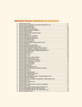 INSTITUTOS TÉCNICOS TECNOLÓGICOS DEL COCHABAMBA
Ü INSTITUTOTÉCNICO“CEPRO”..............................................................................................................................................99
Ü INSTITUTOTÉCNICO DE FORMACIÓNY ACTUALIZACIÓN PROFESIONAL ITEL-COM................................................................99
Ü INSTITUTOTÉCNICO IGNACIA ZEBALLOS.............................................................................................................................99
Ü INSTITUTOTÉCNICO INTEGRAL EMMA................................................................................................................................100
Ü INSTITUTOTÉCNICO CULTURAL COCHABAMBA...................................................................................................................100
Ü INSTITUTOTÉCNICO DE ENSEÑANZA AUTOMOTRIZ.............................................................................................................100
Ü INSTITUTOTECNOLÓGICO LABO .........................................................................................................................................101
Ü INSTITUTOTÉCNICO LINGÜÍSTICO BOLIVIANO“INLIBOL”.....................................................................................................101
Ü INSTITUTOTÉCNICO DEL SUR .............................................................................................................................................102
Ü INSTITUTOTECNOLÓGICO“HALLEY DY CAROL´S”................................................................................................................102
Ü INSTITUTOTÉCNICO NACIONAL“ANDRÉS BELLO”................................................................................................................103
Ü INSTITUTOTÉCNICO BORA MARKETING IPM S.R.L. .............................................................................................................103
Ü INSTITUTOTÉCNICO MUNDIAL“OMIE”...............................................................................................................................104
Ü INSTITUTOTÉCNICO SAN IGNACIO“ITSI”.............................................................................................................................105
Ü INSTITUTOTECNOLÓGICO SUPERIOR NACIONAL COSMOS“TESNAC”...................................................................................105
Ü INSTITUTOTÉCNICO IPRATE ...............................................................................................................................................105
Ü INSTITUTOTÉCNICO DE EDUCACION BANCARIA ..................................................................................................................105
Ü INSTITUTOTECNOLÓGICO BOLIVIANO ALEMAN“TECBA”......................................................................................................106
Ü INSTITUTOTÉCNICO DE COMERCIOYTECNOLOGÍA PACCIOLI“INSCOTEC”..............................................................................107
Ü INSTITUTOTÉCNICO SUPERIOR EN GASTRONOMÍAY ALTA COCINA“IGA”..............................................................................107
Ü INSTITUTOTÉCNICO COMPUTACIONAL DE ENSEÑANZA PROFESIONAL“ICEP”......................................................................107
Ü INSTITUTOTECNOLÓGICO“INFOCAL”..................................................................................................................................108
Ü INSTITUTOTÉCNICO“CEICOM”...........................................................................................................................................109
Ü INSTITUTOTÉCNICO“CIA-ES”.............................................................................................................................................109
Ü INSTITUTOTÉCNICO“UTTY´S”............................................................................................................................................109
Ü INSTITUTOTÉCNICO“NUESTRA SEÑORA DE FÁTIMA”..........................................................................................................110
Ü INSTITUTOTÉCNICO DE SALUD SAN LUCAS“ITSAL”.............................................................................................................110
Ü INSTITUTOTÉCNICO DE PRÓTESIS DENTAL“PRODENT”........................................................................................................110
Ü INSTITUTOTÉCNICO“WESTINGHOUSE - QUILLACOLLO”.......................................................................................................110
Ü INSTITUTOTÉCNICO“CHARLES DARWIN”...........................................................................................................................111
Ü INSTITUTOTECNOLÓGICO“CRISTO REY”..............................................................................................................................111
Ü INSTITUTOTÉCNICO MICHIGAN ..........................................................................................................................................111
Ü INSTITUTOTÉCNICO DE INFORMÁTICA“OASIS”....................................................................................................................112
Ü INSTITUTOTÉCNICO DE PROTESIS DENTAL“HUNTINGTON CALIFORNIA”..............................................................................112
Ü INSTITUTOTÉCNICO“ICEPAL”..............................................................................................................................................112
Ü INSTITUTOTÉCNICO ESCA S.R.L. ........................................................................................................................................113
Ü INSTITUTOTÉCNICO“GENERAL MOTORS”............................................................................................................................113
Ü INSTITUTOTÉCNICO PRIVADO BOLIVIANO“ITPB”...............................................................................................................113
Ü INSTITUTOTÉCNICO“ING-DATA-COMP”.............................................................................................................................114
Ü INSTITUTOTÉCNICO DE INFORMÁTICA PRIVADAY ESTUDIOS COMERCIALES“ITIPEC”...........................................................114
Ü INSTITUTOTECNOLÓGICO SAYARINAPAJ.............................................................................................................................115
Ü INSTITUTOTÉCNICO PARA EL DESARROLLO DE EMPRESARIOSY ADMINISTRADORES“IDEA”...............................................115
Ü INSTITUTOTÉCNICO“CATEC”...............................................................................................................................................116
Ü INSTITUTOTÉCNICO“JAC BOLIVIA 2000”.............................................................................................................................116
Ü INSTITUTOTÉCNICO“TESIS”................................................................................................................................................117
Ü INSTITUTOTÉCNICO DE PROTESIS DENTAL“CARLOS IV DE LUXEMBURGO”...........................................................................117
Ü INSTITUTOTÉCNICO“INSUR”..............................................................................................................................................117
Ü INSTITUTOTÉCNICO DE EDUCACION PRESBITERIANO ESPERANZA“ITEPE”...........................................................................117
Ü INSTITUTOTÉCNICO BRITANICO MERCANTIL“IBM”SEDE CENTRAL......................................................................................118
Ü INSTITUTOTÉCNICO BRITANICO MERCANTIL“IBM”SUBSEDE QUILLACOLLO.........................................................................118
Ü INSTITUTOTECNOLÓGICO“VELPRA”....................................................................................................................................119
 