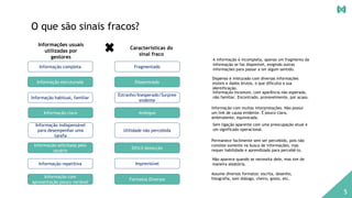 5
O que são sinais fracos?
Informações usuais
utilizadas por
gestores
Características do
sinal fraco
Fragmentado
Disseminado
Estranho/Inesperado/Surpree
endente
Ambíguo
Utilidade não percebida
Dificil detecção
Imprevisível
Formatos Diversos
Informação completa
Informação estruturada
Informação habitual, familiar
Informação clara
Informação indispensável
para desempenhar uma
tarefa
Informação solicitada pelo
usuário
Informação repetitiva
Informação com
apresentação pouco variável
A informação é incompleta, apenas um fragmento da
informação se faz disponível, exigindo outras
informações para passar a ter algum sentido.
Dispenso e misturado com diversas informações
inúteis e dados brutos, o que dificulta a sua
identificação.
Informação incomum, com aparência não esperada,
não familiar. Encontrado, provavelmente, por acaso.
Informação com muitas interpretações. Não possui
um link de causa evidente. É pouco clara,
ambivalente, equivocada.
Sem ligação aparente com uma preocupação atual e
um significado operacional.
Permanece facilmente sem ser percebido, pois não
consiste somente na busca de informações, mas
requer habilidade e aprendizado para percebê-lo.
Não aparece quando se necessita dele, mas sim de
maneira aleatória.
Assume diversos formatos: escrita, desenho,
fotografia, som diálogo, cheiro, gosto, etc.
 
