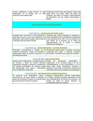 mucha satisfacción puede llevarlo al bajo intranquila cuando tiene que esperar. Dentro del
rendimiento, en el sentido que no tiene grupo tiene una pobre visión del grado de
motivación para intentar algo.            cohesión, del orden y el mando. Puede bloquear
                                          el desempeño con sus miedos situacionales y
                                          fobias.


                          FACTORES DE SEGUNDO ORDEN



                       FACTOR QI - ANSIEDAD-ESTABILIDAD
Ansiedad baja, encuentra la vida gratificante y   Ansiedad alta, puede presentar un desajuste o
logra llevar a cabo lo que cree importante. Una   estar insatisfecho con la posibilidad de responder
puntuación baja extrema puede indicar falta de    a las urgencias de la vida o con sus éxitos en lo
motivación ante las tareas difíciles.             que desea. En el extremo es un índice de
                                                  desorganización de la acción y posibles
                                                  alteraciones fisiológicas.

                 FACTOR QII - INTROVERSIÓN - EXTRAVERSIÓN
Reservado, autosuficiente e inhibido en los Socialmente desenvuelta, no inhibida, con buena
contactos personales. Puede ser favorable o capacidad para lograr y mantener contactos
desfavorable según la situación particular en la personales. Favorable para cargos de vendedor.
que tenga que actuar.

                            FACTOR QIII- SOCIALIZACIÓN
Acepta pocas obligaciones, se despreocupa de      Suele    ser    escrupulosa,    responsable    y
las normas y actúa de manera personal,            organizada, en su conducta sigue a la vez y
espontánea, animada, e impulsiva, orientada por   controladamente el ego psicoanalítico y el yo
sus propias necesidades. Su conducta puede        social ideal, astuta, calculadora, mundana y
ser desajustada, poco social, y descuidada.       perspicaz. Sus metas se encuentran dentro de la
Poca socialización controlada.                    normativa social, son prudentes y acomodaticias.

                 FACTOR QIV - DEPENDENCIA-INDEPENDENCIA
Se presenta como dependiente, pasiva y            Agresivo, independiente, atrevido, emprendedor
conducida por el grupo. Desea y necesita el       y mordaz. Buscará aquellas situaciones en las
apoyo de los demás y orienta su conducta hacia    que probablemente se premie tal conducta o al
las personas que le den ese soporte.              menos se tolere la misma. Muestra un
                                                  considerable grado de iniciativa.
 