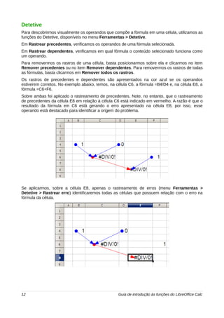 Detetive 
Para descobrirmos visualmente os operandos que compõe a fórmula em uma célula, utilizamos as 
funções do Detetive, disponíveis no menu Ferramentas > Detetive. 
Em Rastrear precedentes, verificamos os operandos de uma fórmula selecionada. 
Em Rastrear dependentes, verificamos em qual fórmula o conteúdo selecionado funciona como 
um operando. 
Para removermos os rastros de uma célula, basta posicionarmos sobre ela e clicarmos no item 
Remover precedentes ou no item Remover dependentes. Para removermos os rastros de todas 
as fórmulas, basta clicarmos em Remover todos os rastros. 
Os rastros de precedentes e dependentes são apresentados na cor azul se os operandos 
estiverem corretos. No exemplo abaixo, temos, na célula C6, a fórmula =B4/D4 e, na célula E8, a 
fórmula =C6+F6. 
Sobre ambas foi aplicado o rastreamento de precedentes. Note, no entanto, que o rastreamento 
de precedentes da célula E8 em relação à célula C6 está indicado em vermelho. A razão é que o 
resultado da fórmula em C6 está gerando o erro apresentado na célula E8, por isso, esse 
operando está destacado para identificar a origem do problema. 
Se aplicarmos, sobre a célula E8, apenas o rastreamento de erros (menu Ferramentas > 
Detetive > Rastrear erro) identificaremos todas as células que possuem relação com o erro na 
fórmula da célula. 
12 Guia de introdução às funções do LibreOffice Calc 
 