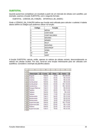 SUBTOTAL 
Quando quisermos contabilizar um resultado a partir de um intervalo de células com autofiltro, por 
exemplo, usamos a função SUBTOTAL com o seguinte formato: 
=SUBTOTAL (CÓDIGO_DA_FUNÇÃO; INTERVALO_DE_DADOS) 
Onde o CÓDIGO_DA_FUNÇÃO define que função será utilizada para calcular o subtotal. A tabela 
abaixo define os códigos que podemos utilizar na função: 
Código Função 
1 MÉDIA 
2 CONT.NÚM 
3 CONT.VALORES 
4 MÁXIMO 
5 MÍNIMO 
6 MULT 
7 DESVPAD 
8 DESVPADP 
9 SOMA 
10 VAR 
11 VARP 
A função SUBTOTAL calcula, então, apenas os valores de células visíveis, desconsiderando os 
valores em células ocultas. Por isso, torna-se uma função interessante para ser utilizada com 
autofiltros. Considere o exemplo da planilha abaixo: 
Funções Matemáticas 35 
 