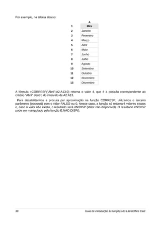 Por exemplo, na tabela abaixo: 
A 
1 Mês 
2 Janeiro 
3 Fevereiro 
4 Março 
5 Abril 
6 Maio 
7 Junho 
8 Julho 
9 Agosto 
10 Setembro 
11 Outubro 
12 Novembro 
13 Dezembro 
A fórmula =CORRESP(“Abril”;A2:A13;0) retorna o valor 4, que é a posição correspondente ao 
critério “Abril” dentro do intervalo de A2:A13. 
Para desabilitarmos a procura por aproximação na função CORRESP, utilizamos o terceiro 
parâmetro (opcional) com o valor FALSO ou 0. Nesse caso, a função só retornará valores exatos 
e, caso o valor não exista, o resultado será #N/DISP (Valor não disponível). O resultado #N/DISP 
pode ser manipulado pela função É.NÃO.DISP(). 
38 Guia de introdução às funções do LibreOffice Calc 
 