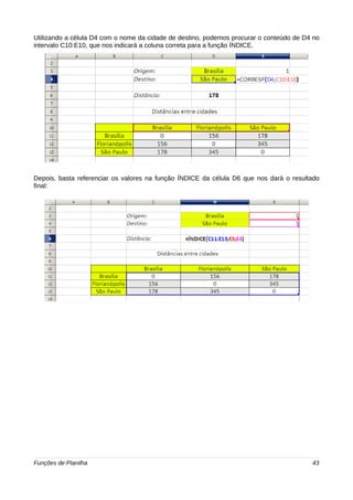 Utilizando a célula D4 com o nome da cidade de destino, podemos procurar o conteúdo de D4 no 
intervalo C10:E10, que nos indicará a coluna correta para a função ÍNDICE. 
Depois, basta referenciar os valores na função ÍNDICE da célula D6 que nos dará o resultado 
final: 
Funções de Planilha 43 
 