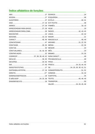 Índice alfabético de funções 
ABS......................................................................27 
AGORA................................................................17 
ALEATÓRIO.........................................................27 
ANO................................................................17, 18 
ARRED...........................................................27, 28 
ARREDONDAR.PARA.BAIXO........................27, 28 
ARREDONDAR.PARA.CIMA................................28 
BDCONTAR..........................................................16 
BDSOMA........................................................15, 16 
CARACT.........................................................46, 49 
CONCATENAR.....................................................47 
CONT.NÚM.....................................................29, 35 
CONT.SE..............................................................30 
CONT.VALORES......................................31, 32, 35 
CONTAR.VAZIO...................................................32 
CORRESP....................................37, 38, 39, 40, 42 
DESLOC.........................................................39, 40 
DESVPAD.......................................................20, 35 
DIA.................................................................17, 48 
DIASÚTEISTOTAIS..............................................17 
DIATRABALHOTOTAL...................................17, 18 
DIREITA...............................................................47 
DOMINGODEPÁSCOA........................................18 
É.NÃO.DISP.............................................24, 25, 38 
ÉANOBISSEXTO.................................................18 
ÉERROS..............................................................24 
ESQUERDA.........................................................48 
ESTILO...........................................................40, 41 
EXT.TEXTO..........................................................48 
FIMMÊS.........................................................18, 19 
HOJE....................................................................19 
ÍNDICE.....................................................42, 43, 45 
LINHA.............................................................42, 44 
MAIOR..................................................................21 
MAIÚSCULA...................................................48, 49 
MÁXIMO...................................................21, 22, 35 
MÉDIA............................................................22, 35 
MENOR................................................................23 
MÊS.....................................................................19 
MÍNIMO..........................................................23, 35 
NÚM.CARACT.....................................................49 
PRI.MAIÚSCULA..................................................49 
PROC...................................................................44 
PROCV...............................................24, 25, 44, 45 
SE...........................................24, 25, 26, 30, 41, 51 
SOMARPRODUTO.........................................51, 52 
SOMASE........................................................16, 34 
SUBTOTAL...........................................................35 
TEXTO......................................................40, 48, 49 
TRANSPOR.........................................................50 
VALOR................................................24, 26, 45, 48 
Índice alfabético de funções 61 

