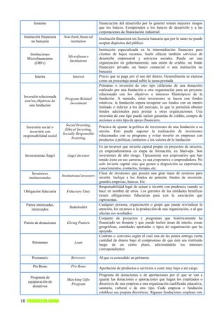 fomento                                      financiación del desarrollo por lo general toman mayores riesgos
                                                    que los bancos. Comprenden a los bancos de desarrollo y a las
                                                    corporaciones de financiación industrial.
 Institución financiera    Non-bank financial       Institución financiera sin licencia bancaria que por lo tanto no puede
       no bancaria             institution          aceptar depósitos del público.
                                                    Institución especializada en la intermediación financiera para
    Instituciones                                   clientes de bajos recursos. Suele ofrecer también servicios de
                              Microfinance
   Microfinancieras                                 desarrollo empresarial y servicios sociales. Puede ser una
                               Institutions
       (IMFs)                                       organización no gubernamental, una unión de crédito, un fondo
                                                    financiero privado, un banco comercial o una institución no
                                                    bancaria
        Interés                  Interest           Precio que se paga por el uso del dinero. Generalmente se expresa
                                                    como un porcentaje anual sobre la suma prestada
                                                    Préstamo o inversión de otro tipo (diferente de una donación)
                                                    realizado por una fundación a otra organización para un proyecto
                                                    relacionado con los objetivos e intereses filantrópicos de la
 Inversión relacionada
                            Program-Related         fundación. A menudo, estas inversiones se hacen con fondos
  con los objetivos de
                               Investment           rotativos: la fundación espera recuperar sus fondos con un interés
    una fundación                                   limitado o inferior a los del mercado, lo que le permitirá obtener
                                                    fondos adicionales para prestar a otras organizaciones. Una
                                                    inversión de este tipo puede incluir garantías de crédito, compra de
                                                    acciones u otro tipo de apoyo financiero.
                            Social Investing,       Práctica de ajustar la política de inversiones de una fundación a su
   Inversión social o
                           Ethical Investing,       misión. Esto puede suponer la realización de inversiones
     inversión con
                          Socially Responsible      relacionadas con su programa y evitar invertir en empresas con
 responsabilidad social
                               Investing            productos o políticas contrarios a los valores de la fundación.
                                                    Es un inversor que invierte capital propio en proyectos de terceros,
                                                    en emprendimientos en etapa de formación, en Start-ups. Son
  Inversionista Ángel        Angel Investor         inversiones de alto riesgo. Típicamente son empresarios que han
                                                    tenido éxito en sus carreras, ya sea corporativa o emprendedora. No
                                                    solo invierte capital sino que ponen a disposición su experiencia,
                                                    conocimientos, contactos, tiempo, etc.
      Inversores                                    Clase de inversores que poseen una gran masa de recursos para
                          Institutional investors   invertir. Incluye a los fondos de pensión, fondos de inversión,
    institucionales
                                                    grandes empresas, bancos. Etc.
                                                    Responsabilidad legal de actuar o invertir con prudencia cuando se
 Obligación fiduciaria       Fiduciary Duty         hace en nombre de otros. Los gerentes de las entidades benéficas
                                                    tienen obligaciones fiduciarias para con la asociación que
                                                    representan.
  Partes interesadas,                               Cualquier persona, organización o grupo que puede reivindicar la
                               Stakeholder          atención, los recursos o la producción de una organización, o al que
     interesados
                                                    afectan sus resultados
                                                    Conjunto de proyectos y programas que históricamente ha
 Patrón de donaciones        Giving Pattern         financiado un donante y que puede incluir áreas de interés, zonas
                                                    geográficas, cantidades aportadas o tipos de organización que ha
                                                    apoyado.
                                                    Contrato o convenio según el cual una de las partes entrega cierta
                                                    cantidad de dinero bajo el compromiso de que éste sea restituido
      Préstamos                   Loan
                                                    luego de un cierto plazo, adicionándole los intereses
                                                    correspondientes

      Prestatario               Borrower            Al que es concedido un préstamo

       Pro Bono                 Pro Bono            Aportación de productos o servicios a coste muy bajo o sin cargo.
                                                    Programa de donaciones o de aportaciones por el que se van a
     Programa de                                    igualar las donaciones o aportaciones que hagan los empleados o
                             Matching Gifts
    equiparación de
                               Program              directivos de una empresa a una organización cualificada educativa,
       donativos                                    sanitaria, cultural o de otro tipo. Cada empresa o fundación
                                                    establece sus propias directrices. Algunas fundaciones emplean este

10 FUNDACION AVINA
 