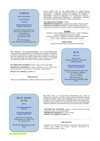 Aureos Capital Ltda. es una administradora de capital privado,
                                                        especializada en proporcionar capital para expansión y financiamiento de
               AUREOS                                   adquisiciones a companias privadas con potencial de expansión y
             (ISLA MAURICIO)                            oportunidades internas de adquisición. Los inversionistas incluyen a
                                                        inversionistas institucionales, fundaciones y fideicomisos, individuos,
              www.aureos.com                            instituciones financieras de desarrollo y bancos multilaterales.

                  (INGLÉS)                               SECTORES DE INVERSION: PYMEs
                                                         PRIORIDAD GEOGRAFICA: Centroamérica, México, Región Andina
          epeterson@aureos.com.cr
                                                         OFICINA EN AMERICA LATINA: Colombia (Bogotá), Costa Rica
           Contacto: Erik Peterson
                                                         (San José), El Salvador (San Salvador), México (Ciudad del México), Perú
      Dirección: Suite 618,6th Floor, St
      James Court, St Denis Street Port                                             FONDOS
              Louis, Mauritius                               AUREOS LATIN AMERICAN FUND (ALAF) - USD 175 Millones
            Tel: 00.230.211.4949                                      (monto recaudado para inversión en 2007)
           Fax: 00.230.211 9393                              AUREOS CAPITAL – EMERGE CENTRAL AMERICA GROWTH
                                                                 FUND - USD 21 Millones (monto total para inversión)
           $ USD 300 Millones
   (Meta 2009 para fondo latinoamericano)                                            PORTAFOLIO
                                                                    Grupo Difoto (Guatemala), ASA Posters (El Salvador)




 BIO (Belgische Investeringsmaatschappij voor Ontwikkelingslanden)
 invierte directa o indirectamente en el sector privado de paises en desarrollo,                         B.I.O
 en ámbitos considerados de riesgo por los bancos comerciales. Invierte en                              (BÉLGICA)
 proyectos enmarcados en una óptica de desarrollo sostenible y que presentan
 una indiscutible plusvalía socioeconómica. Hace prestamos comerciales                               www.b-i-o.be
 directamente para IMFs o PYMES o invierte en fondos específicos.                           (INGLÉS, ESPAÑOL, FRANCÉS,
                                                                                                   NEERLANDES)

 SECTORES DE INVERSION: PYMEs, fondos de inversión, IMFs                                       carole.maman@bio-invest.be
 PRIORIDAD GEOGRAFICA: Países clasificados por la OCDE como                                      Contacto: Carole Maman
 "menos avanzados", "de renta baja", "renta media - franja inferior"
                                                                                          Dirección: Avenue de Tervueren 188A
 OFICINA EN AMERICA LATINA: no                                                                b4, 1150 Bruxelles - Belgique
                                                                                                    Tel: 32.2.778.99.99
                                                                                                    Fax.32.2.778.99.90
                             PORTAFOLIO
                                                                                                   $ EUR 296 Millones
  Banco Los Andes (Bolivia), CAREC (América Central), Somex (Perú)                        (Futuros desembolsos mundiales 2008-
                                                                                                           2012)




                                                        Blue Moon Fund es una organización independiente que invierte en
                                                        empresas con productos, servicios o recursos (como energía) para mejorar
           BLUE MOON                                    la condición humana. Apoya nuevos abordajes para el uso de los recursos
              FUND                                      naturales, uso de la energía y para el desarrollo urbano. Hace donaciones a
                                                        organizaciones sin fines de lucro que desarrollan acciones innovadoras para
                   (EEUU)                               mejorar la calidad de vida en harmonía con el uso de los recursos naturales.

           www.bluemoonfund.org
                (INGLÉS)                                 SECTORES DE INVERSION: energía y consumo, desarrollo urbano,
                                                         empresas sociales, servicios ambientales.
          info@bluemoonfund.org                          PRIORIDAD GEOGRAFICA: América Latina
           Contacto: Diane Miller                        OFICINA EN AMERICA LATINA: no

        Dirección: 222 W South St,
      Charlottesville, VA 22902, USA
            Tel: 434.295.5160
                                                                                     PORTAFOLIO
    $ USD 146 Millones (Bienes totales                   Concesión para empresa comunitaria de conservación para crear área de
                    2005)                                170.000 acres. Refugio de Cambio Climático (Asociación de
                                                         Conservación Amazónica – Brasil.


14 FUNDACION AVINA
 