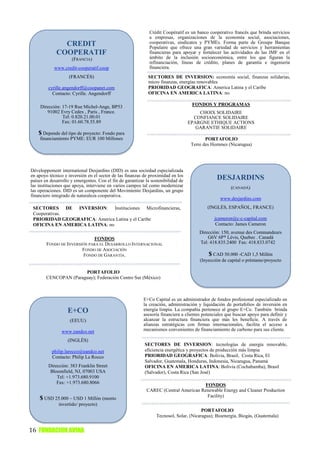 Crédit Coopératif es un banco cooperativo francés que brinda servicios
                                                              a empresas, organizaciones de la economía social, asociaciones,
               CREDIT                                         cooperativas, sindicatos y PYMEs. Forma parte de Groupe Banque
                                                              Populaire que ofrece una gran variedad de servicios y herramientas
             COOPERATIF                                       financieras para apoyar y fortalecer las actividades de las IMF en el
                     (FRANCIA)                                ámbito de la inclusión socioeconómica, entre los que figuran la
                                                              refinanciación, líneas de crédito, planes de garantía e ingeniería
            www.credit-cooperatif.coop                        financiera.
                    (FRANCÉS)                                SECTORES DE INVERSION: economía social, finanzas solidarias,
                                                             micro finanzas, energías renovables
         cyrille.angendorff@coopanet.com                     PRIORIDAD GEOGRAFICA: America Latina y el Caribe
           Contacto: Cyrille. Angendorff                     OFICINA EN AMERICA LATINA: no

     Dirección: 17-19 Rue Michel-Ange, BP53                                          FONDOS Y PROGRAMAS
        91002 Evry Cedex , Paris , France.                                               CHOIX SOLIDAIRE
                Tel: 0.820.21.00.01                                                   CONFIANCE SOLIDAIRE
                Fax: 01.60.78.55.89                                                EPARGNE ETHIQUE ACTIONS
                                                                                       GARANTIE SOLIDAIRE
    $ Depende del tipo de proyecto: Fondo para                                     ASSURANCE VIE OPTION AGIR
    financiamiento PYME: EUR 100 Millones                                                   PORTAFOLIO
                                                                                     Terre des Hommes (Nicaragua)




Développement international Desjardins (DID) es una sociedad especializada
en apoyo técnico e inversión en el sector de las finanzas de proximidad en los
países en desarrollo y emergentes. Con el fin de garantizar la sostenibilidad de                DESJARDINS
las instituciones que apoya, interviene en varios campos tal como modernizar                            (CANADÁ)
las operaciones. DID es un componente del Movimiento Desjardins, un grupo
financiero integrado de naturaleza cooperativa.
                                                                                                  www.desjardins.com
 SECTORES DE INVERSION: Instituciones Microfinancieras,                                     (INGLÉS, ESPAÑOL, FRANCE)
 Cooperativas.
 PRIORIDAD GEOGRAFICA: America Latina y el Caribe                                              jcameron@c-c-capital.com
 OFICINA EN AMERICA LATINA: no                                                                  Contacto: James Cameron
                                                                                        Dirección: 150, avenue des Commandeurs
                             FONDOS                                                         G6V 6P* Lévis, Quebec . Canadá
        FONDO DE INVERSIÓN PARA EL DESARROLLO INTERNACIONAL                             Tel: 418.835.2400 Fax: 418.833.0742
                        FONDO DE ASOCIACIÓN
                         FONDO DE GARANTÍA.                                                 $ CAD 50.000 -CAD 1,5 Millón
                                                                                        (Inyección de capital o préstamo/proyecto

                       PORTAFOLIO
        CENCOPAN (Paraguay); Federación Centro Sur (México)



                                                           E+Co Capital es un administrador de fondos profesional especializado en
                                                           la creación, administración y liquidación de portafolios de inversión en
                   E+CO                                    energía limpia. La compañía pertenece al grupo E+Co. También brinda
                                                           asesoría financiera a clientes potenciales que buscan apoyo para definir y
                    (EEUU)                                 alcanzar la estructura financiera que más les beneficie. A través de
                                                           alianzas estratégicas con firmas internacionales, facilita el acceso a
                www.eandco.net                             mecanismos convenientes de financiamiento de carbono para sus cliente.

                   (INGLÉS)
                                                           SECTORES DE INVERSION: tecnologías de energía renovable,
           philip.larocco@eandco.net                       eficiencia energética y proyectos de producción más limpia
           Contacto: Philip La Rocco                       PRIORIDAD GEOGRAFICA: Bolivia, Brasil, Costa Rica, El
                                                           Salvador, Guatemala, Honduras, Indonesia, Nicaragua, Panamá
         Dirección: 383 Franklin Street                    OFICINA EN AMERICA LATINA: Bolivia (Cochabamba), Brasil
          Bloomfield, NJ, 07003 USA                        (Salvador), Costa Rica (San José)
             Tel: +1.973.680.9100
             Fax: +1.973.680.8066
                                                                                      FONDOS
                                                            CAREC (Central American Renewable Energy and Cleaner Production
                                                                                       Facility)
    $ USD 25.000 – USD 1 Millón (monto
              invertido/ proyecto)
                                                                                        PORTAFOLIO
                                                                 Tecnosol, Solar, (Nicaragua); Bioenergía, Biogás, (Guatemala)


16 FUNDACION AVINA
 