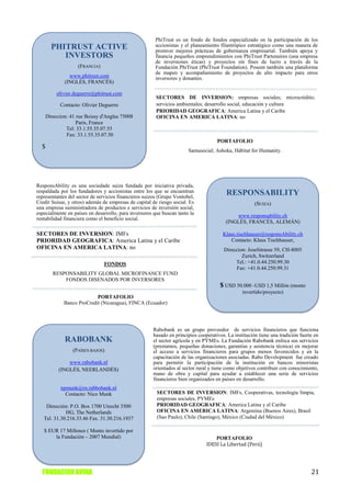 PhiTrust es un fondo de fondos especializado en la participación de los
        PHITRUST ACTIVE                                accionistas y el planeamiento filantrópico estratégico como una manera de
                                                       promver mejores prácticas de gobernanza empresarial. También apoya y
           INVESTORS                                   financia pequeños emprendimientos con PhiTrust Partenaires (una empresa
                                                       de inversiones éticas) y proyectos sin fines de lucro a través de la
                    (FRANCIA)                          Fundación PhiTrust (PhiTrust Foundation). Poseen también una plataforma
                                                       de mapeo y acompañamiento de proyectos de alto impacto para otros
                www.phitrust.com                       inversores y donantes.
              (INGLÉS, FRANCÉS)

          olivier.deguerre@phitrust.com
                                                        SECTORES DE INVERSION: empresas sociales; microcrédito;
            Contacto: Olivier Deguerre                  servicios ambientales; desarrollo social, educación y cultura
                                                        PRIORIDAD GEOGRAFICA: America Latina y el Caribe
      Direccion: 41 rue Boissy d'Anglas 75008           OFICINA EN AMERICA LATINA: no
                    Paris, France
               Tel: 33.1.55.35.07.55
               Fax: 33.1.55.35.07.50
                                                                                    PORTAFOLIO
  $
                                                                       Samusocial; Ashoka, Hábitat for Humanity.




ResponsAbility es una sociedade suiza fundada por iniciativa privada,
respaldada por los fundadores y accionistas entre los que se encuentran                 RESPONSABILITY
representantes del sector de servicios financieros suizos (Grupo Vontobel,
Credit Suisse, y otros) además de empresas de capital de riesgo social. Es                            (SUIZA)
una empresa suministradora de productos e servicios de inversión social,
especialmente en países en desarrollo, para inversores que buscan tanto la                  www.responsability.ch
rentabilidad financiera como el beneficio social.
                                                                                        (INGLÉS, FRANCÉS, ALEMÁN)

SECTORES DE INVERSION: IMFs                                                            Klaus.tischhauser@responsAbility.ch
PRIORIDAD GEOGRAFICA: America Latina y el Caribe                                          Contacto: Klaus Tischhauser,
OFICINA EN AMERICA LATINA: no                                                          Direccion: Josefstrasse 59, CH-8005
                                                                                               Zurich, Switzerland
                                FONDOS                                                      Tel.: +41.0.44.250.99.30
                                                                                            Fax: +41.0.44.250.99.31
         RESPONSABILITY GLOBAL MICROFINANCE FUND
             FONDOS DISENADOS POR INVERSORES
                                                                                     $ USD 50.000 -USD 1,5 Millón (monto
                                                                                                invertido/proyecto)
                            PORTAFOLIO
              Banco ProCredit (Nicaragua), FINCA (Ecuador)




                                                      Rabobank es un grupo proveedor de servicios financieros que funciona
                                                      basado en principios cooperativos. La institución tiene una tradición fuerte en
              RABOBANK                                el sector agrícola y en PYMEs. La Fundación Rabobank enfoca sus servicios
                                                      (prestamos, pequeñas donaciones, garantías y asistencia técnica) en mejorar
                  (PAÍSES BAJOS)                      el acceso a servicios financieros para grupos menos favorecidos y en la
                                                      capacitación de las organizaciones asociadas. Rabo Development fue creado
               www.rabobank.nl                        para permitir la participación de la institución en bancos minoristas
           (INGLÉS, NEERLANDÉS)                       orientados al sector rural y tiene como objetivos contribuir con conocimiento,
                                                      mano de obra y capital para ayudar a establecer una serie de servicios
                                                      financieros bien organizados en países en desarrollo.
            npmunk@rn.rabbobank.nl
              Contacto: Nico Munk                       SECTORES DE INVERSION: IMFs, Cooperativas, tecnología limpia,
                                                        empresas sociales, PYMEs
    Dirección: P.O. Box 1700 Utrecht 3500               PRIORIDAD GEOGRAFICA: America Latina y el Caribe
             HG, The Netherlands                        OFICINA EN AMERICA LATINA: Argentina (Buenos Aires), Brasil
   Tel. 31.30.216.33.46 Fax. 31.30.216.1937             (Sao Paulo), Chile (Santiago), México (Ciudad del México)

   $ EUR 17 Millones ( Monto invertido por
       la Fundación – 2007 Mundial)                                                PORTAFOLIO
                                                                               IDESI La Libertad (Perú)




  FUNDACION AVINA                                                                                                                21
 
