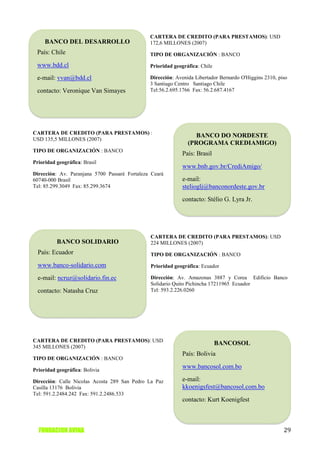 CARTERA DE CREDITO (PARA PRESTAMOS): USD
     BANCO DEL DESARROLLO                      172,6 MILLONES (2007)
 País: Chile                                   TIPO DE ORGANIZACIÓN : BANCO

 www.bdd.cl                                    Prioridad geográfica: Chile

 e-mail: vvan@bdd.cl                           Dirección: Avenida Libertador Bernardo O'Higgins 2310, piso
                                               3 Santiago Centro Santiago Chile
 contacto: Veronique Van Simayes               Tel:56.2.695.1766 Fax: 56.2.687.4167




CARTERA DE CREDITO (PARA PRESTAMOS) :
                                                                  BANCO DO NORDESTE
USD 135,5 MILLONES (2007)
                                                               (PROGRAMA CREDIAMIGO)
TIPO DE ORGANIZACIÓN : BANCO
                                                            País: Brasil
Prioridad geográfica: Brasil
                                                            www.bnb.gov.br/CrediAmigo/
Dirección: Av. Paranjana 5700 Passaré Fortaleza Ceará
60740-000 Brasil                                            e-mail:
Tel: 85.299.3049 Fax: 85.299.3674                           stelioglj@banconordeste.gov.br
                                                            contacto: Stélio G. Lyra Jr.




                                               CARTERA DE CREDITO (PARA PRESTAMOS): USD
          BANCO SOLIDARIO                      224 MILLONES (2007)
  País: Ecuador                                TIPO DE ORGANIZACIÓN : BANCO

  www.banco-solidario.com                      Prioridad geográfica: Ecuador

  e-mail: ncruz@solidario.fin.ec               Dirección: Av. Amazonas 3887 y Corea Edificio Banco
                                               Solidario Quito Pichincha 17211965 Ecuador
  contacto: Natasha Cruz                       Tel: 593.2.226.0260




CARTERA DE CREDITO (PARA PRESTAMOS): USD
                                                                             BANCOSOL
345 MILLONES (2007)
                                                            País: Bolivia
TIPO DE ORGANIZACIÓN : BANCO

Prioridad geográfica: Bolivia
                                                            www.bancosol.com.bo

Dirección: Calle Nicolas Acosta 289 San Pedro La Paz        e-mail:
Casilla 13176 Bolivia                                       kkoenigsfest@bancosol.com.bo
Tel: 591.2.2484.242 Fax: 591.2.2486.533
                                                            contacto: Kurt Koenigfest



  FUNDACION AVINA                                                                                       29
 