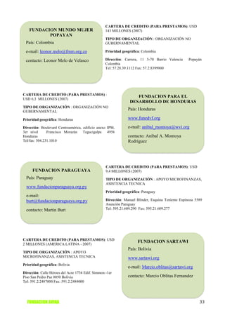 CARTERA DE CREDITO (PARA PRESTAMOS): USD
   FUNDACION MUNDO MUJER                           143 MILLONES (2007)
          POPAYAN
                                                   TIPO DE ORGANIZACIÓN : ORGANIZACIÓN NO
 País: Colombia                                    GUBERNAMENTAL

 e-mail: leonor.melo@fmm.org.co                    Prioridad geográfica: Colombia

 contacto: Leonor Melo de Velasco                  Dirección: Carrera, 11 5-70 Barrio Valencia      Popayán
                                                   Colombia
                                                   Tel: 57.28.39.1112 Fax: 57.2.8399900




CARTERA DE CREDITO (PARA PRESTAMOS) :
                                                                    FUNDACION PARA EL
USD 6,3 MILLONES (2007)
                                                                 DESARROLLO DE HONDURAS
TIPO DE ORGANIZACIÓN : ORGANIZACIÓN NO
GUBERNAMENTAL
                                                                País: Honduras

Prioridad geográfica: Honduras                                  www.funedvf.org

Dirección: Boulevard Centroamérica, edificio anexo IPM,         e-mail: anibal_montoya@wvi.org
3er nivel      Francisco Morazán Tegucigalpa 4956
Honduras                                                        contacto: Anibal A. Montoya
Tel/fax: 504.231.1010                                           Rodriguez




                                                   CARTERA DE CREDITO (PARA PRESTAMOS): USD
     FUNDACION PARAGUAYA                           9,4 MILLONES (2007)
  País: Paraguay                                   TIPO DE ORGANIZACIÓN : APOYO MICROFINANZAS,
                                                   ASISTENCIA TECNICA
  www.fundacionparaguaya.org.py
                                                   Prioridad geográfica: Paraguay
  e-mail:
  burt@fundacionparaguaya.org.py                   Dirección: Manuel Blinder, Esquina Teniente Espinoza 5589
                                                   Asunción Paraguay
  contacto: Martin Burt                            Tel: 595.21.609.290 Fax: 595.21.609.277




CARTERA DE CREDITO (PARA PRESTAMOS): USD
                                                                      FUNDACION SARTAWI
2 MILLONES (AMERICA LATINA - 2007)
                                                                País: Bolivia
TIPO DE ORGANIZACIÓN : APOYO
MICROFINANZAS, ASISTENCIA TECNICA                               www.sartawi.org
Prioridad geográfica: Bolivia
                                                                e-mail: Marcio.oblitas@sartawi.org
Dirección: Calle Héroes del Acre 1734 Edif. Simmon -1er
Piso San Pedro Paz 8050 Bolivia                                 contacto: Marcio Oblitas Fernandez
Tel: 591.2.2487000 Fax: 591.2.2484000




  FUNDACION AVINA                                                                                         33
 