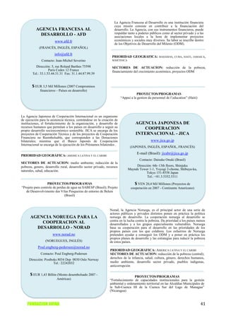 La Agencia Francesa al Desarrollo es una institución financiera
                                                                    cuya misión consiste en contribuir a la financiación del
          AGENCIA FRANCESA AL                                       desarrollo. La Agencia, con sus instrumentos financieros, puede
           DESARROLLO - AFD                                         respaldar tanto a poderes públicos como al sector privado y a las
                                                                    asociaciones locales a la hora de implementar proyectos
                        www.afd.fr                                  económicos y sociales muy diversos. Su labor se inscribe dentro
                                                                    de los Objetivos de Desarrollo del Milenio (ODM).
             (FRANCÉS, INGLÉS, ESPAÑOL)
                        info@afd.fr
                                                                  PRIORIDAD GEOGRÁFICA:               BAHAMAS, CUBA, HAITI, JAMAICA,
               Contacto: Jean-Michel Severino                     MARTINICA

          Dirección: 5, rue Roland Barthes 75598                  SECTORES DE ACTUACION: reducción de la pobreza,
                    Paris Cedex 12 France                         financiamiento del crecimiento económico, proyectos ODM
        Tel.: 33.1.53.44.31.31 Fax: 31.1.44.87.99.39


        $ EUR 3,5 Mil Millones (2007 Compromisos
             financieros – Países en desarrollo)
                                                                                     PROYECTOS/PROGRAMAS
                                                                          “Appui a la gestion du personnel de l’education” (Haiti)




La Agencia Japonesa de Cooperación Internacional es un organismo
de ejecución para la asistencia técnica, centrándose en la creación de
instituciones, el fortalecimiento de la organización, y desarrollo de               AGENCIA JAPONESA DE
recursos humanos que permitan a los países en desarrollo a seguir su                   COOPERACION
propio desarrollo socioeconómico sostenible. JICA se encarga de los
proyectos de Cooperación Técnica y de los proyectos de Cooperación                  INTERNACIONAL - JICA
Financiera no Reembolsable, que corresponden a las Donaciones
bilaterales; mientras que el Banco Japonés de Cooperación                                       www.jica.go.jp
Internacional se encarga de la ejecución de los Préstamos bilaterales .
                                                                                (JAPONES, INGLÉS, ESPAÑOL, FRANCÉS)
                                                                                     E-mail (Brasil): jicabr@jica.go.jp
PRIORIDAD GEOGRÁFICA: AMERICA LATINA Y EL CARIBE
                                                                                       Contacto: Daisuke Onuki (Brasil)
SECTORES DE ACTUACION: medio ambiente; reducción de la
pobreza, genero, desarrollo rural, desarrollo sector privado, recursos              Dirección: 6th–13th floors, Shinjuku
naturales, salud, educación.                                                   Maynds Tower 1-1, Yoyogi 2-chome, Shibuya-ku,
                                                                                          Tokyo 151-8558 Japan
                                                                                           Tel.: +81.3.5352.5311

                   PROYECTOS/PROGRAMAS                                             $ YEN 20,4 Mil Millones (Proyectos de
“Projeto para controle de perdas de agua na SABESP (Brasil); Projeto             cooperación en 2007 - Continente Americano)
   de Desenvolvimento das Vilas Pesqueiras do entorno de Belem
                               (Brasil)



                                                                 Norad, la Agencia Noruega, es el principal actor de una serie de
                                                                 actores públicos y privados distintos ponen en práctica la política
      AGENCIA NORUEGA PARA LA                                    noruega de desarrollo. La cooperación noruega al desarrollo se
                                                                 centra en la lucha contra la pobreza. Da prioridad a los países menos
          COOPERACION AL                                         desarrollados y a los grupos especialmente vulnerables. Noruega
        DESARROLLO - NORAD                                       basa su cooperación para el desarrollo en las prioridades de los
                                                                 propios países con los que colabora. Los esfuerzos de Noruega
                       www.norad.no                              pretenden ayudar a conseguir los ODM y a poner en práctica los
                                                                 propios planes de desarrollo y las estrategias para reducir la pobreza
                 (NORUEGUES, INGLÉS)                             de estos países.
            Poul.engberg-pedersen@norad.no
                                                                 PRIORIDAD GEOGRÁFICA: AMERICA LATINA Y EL CARIBE
              Contacto: Poul Engberg-Pedersen                    SECTORES DE ACTUACION: reducción de la pobreza (central);
                                                                 derechos de la infancia, salud, cultura, género, derechos humanos,
     Dirección: Postboks 8034 Dep 0030 Oslo Norway
                      Tel.: 22242032                             medio ambiente, desarrollo sector privado, pueblos indígenas,
                                                                 anticorrupción

      $ EUR 1,43 Billón (Monto desembolsado 2007 -                                PROYECTOS/PROGRAMAS
                          Américas)                              “Fortalecimiento de capacidades institucionales para la gestión
                                                                 ambiental y ordenamiento territorial en las Alcaldías Municipales de
                                                                 la Sub-Cuenca III de la Cuenca Sur del Lago de Managua”
                                                                 (Nicaragua)



    FUNDACION AVINA                                                                                                                  41
 