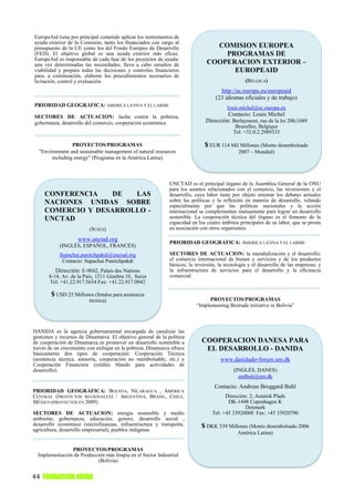 EuropeAid tiene por principal cometido aplicar los instrumentos de
ayuda exterior de la Comisión, tanto los financiados con cargo al
presupuesto de la UE como los del Fondo Europeo de Desarrollo                    COMISION EUROPEA
(FED). El objetivo global es una ayuda exterior más eficaz.                        PROGRAMAS DE
EuropeAid es responsable de cada fase de los proyectos de ayuda:
una vez determinadas las necesidades, lleva a cabo estudios de                 COOPERACION EXTERIOR –
viabilidad y prepara todas las decisiones y controles financieros                    EUROPEAID
para, a continuación, elaborar los procedimientos necesarios de
licitación, control y evaluación.                                                                (BÉLGICA)
                                                                                     http://ec.europa.eu/europeaid
                                                                                   (23 idiomas oficiales y de trabajo)
PRIORIDAD GEOGRÁFICA: AMERICA LATINA Y EL CARIBE                                         louis.michel@ec.europa.eu
SECTORES DE ACTUACION: lucha contra la pobreza,                                        Contacto: Louis Michel
gobernanza, desarrollo del comercio, cooperación económica                    Dirección: Berlaymont, rue de la loi 200,1049
                                                                                            Bruxelles, Belgique
                                                                                           Tel: +32.0.2.2989333

                PROYECTOS/PROGRAMAS                                           $ EUR 114 Mil Millones (Monto desembolsado
  "Environment and sustainable management of natural resources                                2007 – Mundial)
       including energy" (Programa en la América Latina)



                                                              UNCTAD es el principal órgano de la Asamblea General de la ONU
                                                              para los asuntos relacionados con el comercio, las inversiones y el
     CONFERENCIA    DE  LAS                                   desarrollo, cuya labor tiene por objeto orientar los debates actuales
     NACIONES UNIDAS SOBRE                                    sobre las políticas y la reflexión en materia de desarrollo, velando
                                                              especialmente por que las políticas nacionales y la acción
     COMERCIO Y DESARROLLO -                                  internacional se complementen mutuamente para lograr un desarrollo
     UNCTAD                                                   sostenible. La cooperación técnica del órgano es el fomento de la
                                                              capacidad en los cuatro ámbitos principales de su labor, que se presta
                         (SUIZA)                              en asociación con otros organismos.

                    www.unctad.org
                                                              PRIORIDAD GEOGRÁFICA: AMERICA LATINA Y EL CARIBE
            (INGLÉS, ESPAÑOL, FRANCÉS)
            Supachai.panitchpakdi@unctad.org                  SECTORES DE ACTUACION: la mundialización y el desarrollo;
             Contacto: Supachai Panitchpakdi                  el comercio internacional de bienes y servicios y de los productos
                                                              básicos; la inversión, la tecnología y el desarrollo de las empresas; y
          Dirección: E-9042, Palais des Nations               la infraestructura de servicios para el desarrollo y la eficiencia
       8-14, Av. de la Paix, 1211 Ginebra 10, Suiza           comercial.
       Tel: +41.22.917.5634 Fax: +41.22.917.0042

        $ USD 25 Millones (fondos para asistencia
                         tecnica)                                               PROYECTOS/PROGRAMAS
                                                                          “Implementing Biotrade initiative in Bolivia”



DANIDA es la agencia gubernamental encargada de canalizar las
gestiones y recursos de Dinamarca. El objetivo general de la política
de cooperación de Dinamarca es promover un desarrollo sostenible a           COOPERACION DANESA PARA
través de un crecimiento con enfoque en la pobreza. Dinamarca ofrece          EL DESARROLLO - DANIDA
básicamente dos tipos de cooperación: Cooperación Técnica
(asistencia técnica, asesoría, cooperación no reembolsable, etc.) y                  www.danidadevforum.um.dk
Cooperación Financiera (crédito blando para actividades de
desarrollo).                                                                                (INGLÉS, DANES)
                                                                                              andbuh@um.dk
                                                                                   Contacto: Andreas Broggard Buhl
PRIORIDAD GEOGRÁFICA: BOLIVIA, NICARAGUA , AMÉRICA
CENTRAL (PROYECTOS REGIONALES) / ARGENTINA, BRASIL, CHILE,                              Dirección: 2, Asiatisk Plads
MÉXICO (PROYECTOS EN 2009)                                                               DK-1448 Copenhagen K
                                                                                                 Denmark
SECTORES DE ACTUACION: energía sostenible y medio                                 Tel: +45 33920000 Fax: +45 33920790
ambiente, gobernanza, educación, genero, desarrollo social ,
desarrollo económico (microfinanzas, infraestructura y transporte,          $ DKK 539 Millones (Monto desembolsado 2006
agricultura, desarrollo empresarial), pueblos indígenas
                                                                                             América Latina)


                PROYECTOS/PROGRAMAS
  Implementación de Producción más limpia en el Sector Industrial
                           (Bolivia)


44 FUNDACION AVINA
 