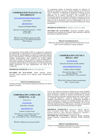 La cooperación italiana al desarrollo persigue los objetivos de
                                                              garantizar el derecho a la vida y aliviar la pobreza en los Países en
     COOPERACION ITALIANA AL                                  vías de desarrollo. El Ministerio de Relaciones Exteriores se hace
                                                              cargo, a través de su Dirección General para la Cooperación al
          DESARROLLO                                          Desarrollo, de la política, ejecución y del monitoreo de la
                                                              Cooperación italiana. Las iniciativas bilaterales se ejecutan a través de
       www.cooperazioneallosviluppo.esteri.it                 una combinación de instrumentos que apuntan al desarrollo de los
                      (ITALIANO)                              países en vías de desarrollo y que son seleccionados a raíz de su
                                                              correspondencia con las prioridades de desarrollo definidas por el país
                    dgcs3@esteri.it                           beneficiarios.

              Contacto:Elisabetta Belloni
                                                              PRIORIDAD GEOGRÁFICA: AMERICA LATINA Y EL CARIBE
      Dirección: Piazzale della Farnesina, 1 - 00194
                      Roma Italia                             SECTORES DE ACTUACION:. desarrollo sostenible, género,
                     Tel. 06 3691.1                           economía social, derechos de la infancia, salud, educación, reducción
                                                              de la pobreza, seguridad alimentar

        $ EUR 21,235 Millones (donaciones 2006
       Américas)/ EUR 31,287 Millones (préstamos
                    2006 Américas)                                              PROYECTOS/PROGRAMAS
                                                               “Riduzione della povertà e miglioramento delle condizioni di vita di
                                                                        madri e minori”(Argentina, Uruguay, Paraguay)




La Cooperación Técnica Belga (CTB) es la agencia de cooperación
del Estado belga. La agencia tiene la exclusividad de la ejecución de
las funciones de servicio público en materia de cooperación bilateral             COOPERACION TECNICA
directa. Adicionalmente, el ministro responsable de la agencia puede
confiarle exclusivamente otras funciones de servicio público                          BELGA - BTC
(ejecución de estudios, ayuda de urgencia y ayuda de rehabilitación a
corto plazo, misiones de consultoría y de evaluación en el marco de                            www.btcctb.org
cooperación bilateral directa y/o multilateral). La CTB también puede
                                                                                   (INGLÉS, FRANCÉS, NEERLANDES)
aceptar prestaciones de otras organizaciones del sector de la
cooperación.                                                                            mario.goethals@btcctb.org
PRIORIDAD GEOGRÁFICA: BOLIVIA, ECUADOR, PERU                                             Contacto: Mario Goethals
SECTORES DE ACTUACION:. Medio ambiente, genero,                                        Dirección: Rue Haute, 147 1000
                                                                                              Brussels, Belgium
economía social, derechos de la infancia, salud, infraestructura,
                                                                                Tel: +32.0.2.505.37.00 Fax: +32.0.2.502.98.62
educación

                                                                                $ EUR 20,35 Millones (Monto desembolsado
                 PROYECTOS/PROGRAMAS                                                       2007 – America Latina)
“Proyecto de Apoyo a las familias de pequeños productores de café de
Manabi” (Ecuador)



                                                              CAF es una institución financiera multilateral, que presta múltiples
                                                              servicios bancarios a clientes de los sectores público y privado de sus
      CORPORACION ANDINA DE                                   países accionistas, mediante la eficiente movilización de recursos
                                                              financieros desde los mercados internacionales hacia América Latina.
          FOMENTO – CAF                                       La institución administra y supervisa fondos de otros países y
                                                              entidades, generalmente de carácter no reembolsable, destinados a
                      (VENEZUELA)
                                                              financiar programas acordados con entidades donantes que estén en
                     www.caf.com                              línea con las políticas y estrategias de la Corporación. Tal es el caso
                                                              del Fondo Internacional para el Desarrollo y un fondo de cooperación
                 (ESPAÑOL, INGLÉS)                            técnica del Ministerio de Economía del Reino de España.

                   egarcia@caf.com
                                                              PRIORIDAD GEOGRÁFICA: ARGENTINA, BRASIL, BOLIVIA,
                Contacto: Enrique García                      CHILE, COLOMBIA, COSTA RICA, ECUADOR, JAMAICA, MÉXICO,
                                                              PANAMÁ, PARAGUAY, PERÚ, REPÚBLICA DOMINICANA, TRINIDAD Y
        Dirección: Ave. Luis Rochem Torre CAF                 TOBAGO, URUGUAY, VENEZUELA Y BANCOS PRIVADOS
             Altamira, Caracas - Venezuela                    SECTORES DE ACTUACION: cooperación técnica, préstamos,
     Tel: +58.212.209.2111 Fax: +58.212.209.2444              asesoría financiera; financiamiento ambiental; PYME, desarrollo
                                                              social

        $ USD 74 Millones (inversiones de 2007)
                                                                             PROYECTOS/PROGRAMAS
                                                              Proyecto Yacambú-Quibor: Infraestructura, Conservación de Cuenca
                                                                            y Desarrollo del Valle ( Venezuela)



    FUNDACION AVINA                                                                                                                45
 