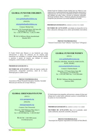 Global Fund for Children (Fondo Global para los Niños) es una
                                                                organización no gubernamental que brinda pequeñas donaciones a
    GLOBAL FUND FOR CHILDREN                                    organizaciones en la base de la pirámide de países en desarrollo
                         (EEUU)                                 que trabajan con niños, niñas y jóvenes en situación vulnerable.
                                                                Asimismo producen libros y financian películas documentarias y
            www.globalfundforchildren.org                       fotografías que presentan la juventud alrededor del mundo.

                        (INGLÉS)
            info@globalfundforchildren.org                      PRIORIDAD GEOGRÁFICA: AMERICA LATINA Y EL CARIBE
                 Contacto: Michael Gale
                                                                SECTORES DE ACTUACION: actividades de desarrollo de los
     Dirección: 1101 Fourteenth Street, NW Suite 420            ninos: educación, liderazgo joven, salud, oportunidades innovadoras
              Washington, DC 20005 USA
       Tel. +1.202.331.9003 Fax. +1.202.331.9004

        $ USD 2,6 Millones (Monto desembolsado
                      Mundial 2007)

                                                                              PROYECTOS/PROGRAMAS
                                                                “Amazon Conservation Team” (Brasil); “Luna Nueva” (Paraguay)




El Fondo Global para Mujeres es una fundación que otorga                         GLOBAL FUND FOR WOMEN
subvenciones y apoya los esfuerzos de las mujeres para
transformar sus sociedades y el mundo. Brinda asistencia flexible                                   (EEUU)
y oportuna a grupos de mujeres que trabajan en asuntos
emergentes, controversiales y/o difíciles.
                                                                                       www.globalfundforwomen.org
                                                                              (INGLÉS, ESPAÑOL, FRANCÉS, PORTUGUÉS,
                                                                                           RUSO, ÁRABE)
PRIORIDAD GEOGRÁFICA:                                                                 americas@globalfundforwomen.org

SECTORES DE ACTUACION: tráfico de mujeres, medios de                                       Contacto: Charlotte Bunch
comunicación, inseguridad económica, salud de la mujer,                             Dirección: 1375 Sutter Street, Suite 400
filantropía para el cambio social.                                                       San Francisco, CA 94109 USA
                                                                                  Tel. +1.415.202.7640 Fax: +1.415.202.8604


                PROYECTOS/PROGRAMAS                                                $ USD 2 Millones (Monto desembolsado
Association of Rural Women(El Salvador); Semillas- Sociedad                                     Américas 2006)
Mexicana pro derechos de la mujer (Mexico).




     GLOBAL GREENGRANTS FUND                                        El fondo proporciona pequeñas subvenciones a grupos de base que
                          (EEUU)                                    trabajan por la salud medio ambiental, justicia y sostenibilidad en
                                                                    los países en vías de desarrollo.
                  www.greengrants.org
                        (INGLÉS)
                  chet@greengrants.org
                Contacto: Chet Tchozewski                           PRIORIDAD GEOGRÁFICA: AMERICA LATINA Y EL CARIBE

        Dirección: 2840 Wilderness Place Suite A                    SECTORES DE ACTUACION: Base de la pirámide, salud
                 Boulder, CO 80301 USA                              medio ambiental, desarrollo sostenible, educación
        Tel.+1.303.939.9866 Fax. +1.303.939.9867


              $ USD 500 – USD 5000 (monto
                    invertido/proyecto)                                            PROYECTOS/PROGRAMAS
                                                                    Associação dos Pequenos Agricultores do Estado do Pará (Brasil)




52 FUNDACION AVINA
 