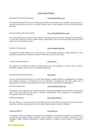 ENLACES ÚTILES

BERNARD VAN LEER FOUNDATION                                 www.bernardvanleer.org

La Fundación Bernarnd Van Leer es una fundación privada de los Países Bajos cuyo cometido es apoyar proyectos y
compartir conocimiento en relación con el trabajo llevado a cabo con niños pequeños que viven en circunstancias de
desventaja.



CLINTON GLOBAL INITIATIVE (CGI)                             www.clintoglobalinitiative.com

CGI es una organización no partidaria que se dedica a unir esfuerzos para hacer frente a desafíos de la globalización
en cuatro áreas: educación, energía y cambio climático, salud global y alivio de la pobreza. Reúne lideres de todo el
mundo y de los más distintos sectores.



COMPTON FOUNDATION                                          www.comptonfound.org

La Fundación Compton trabaja con los temas de paz y orden mundial, población y medio ambiente; así como
igualdad de oportunidades de educación, bienestar comunitario, justicia social y cultura.



COUNCIL ON FOUNDATIONS                                      www.cof.org

Una agrupación de fundaciones donantes estadounidenses que diseña productos y servicios que les ayudan a
desarrollar o expandir nuevas iniciativas y programas filantrópicos.



EUROPEAN FOUNDATION CENTRE                                  www.efc.be

El Centro de Fundaciones Europeas es un portal belga dedicado a mapear fundaciones independientes y/o privadas
del continente. Promueve la colaboración entre las fundaciones, investigaciones del sector, trabaja para el
fortalecimiento de la infraestructura filantrópica en Europa con fines de desarrollar la sociedad global.

FOUNDATION CENTER                                           www.foundationcenter.org

Un portal que conecta organizaciones no gubernamentales y donantes apoyándoles con herramientas y informaciones
útiles. Posee una grande base de datos de donantes estadounidenses. Tiene programas de entrenamiento e
investigaciones del sector filantrópico.

FRÈRE DES HOMMES                                            www.france-fdh.org

Frere des Hommes es una asociación de solidariedad internacional que financia proyectos de derechos humanos,
agricultura, educación, capacitación, desarrollo y salud de organizaciones de países en desarrollo.



Fundación BBVA                                              www.fbbva.es

La Fundación centra su actividad en el fomento de la investigación, en la formación avanzada y en la difusión a la
sociedad del conocimiento científico, prestando especial atención al análisis de cuestiones emergentes en áreas
estratégicas: Medio Ambiente, Biomedicina y Salud, Economía y Sociedad, Ciencias Básicas y Tecnología, y
Cultura.

56 FUNDACION AVINA
 