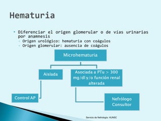    Diferenciar el origen glomerular o de vías urinarias
    por anamnesis
    ◦ Origen urológico: hematuria con coágulos
    ◦ Origen glomerular: ausencia de coágulos




                                  Servicio de Nefrología. HUNSC
 