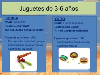 Juguetes de 3-6 años
COMBA

YO YO

EDAD: 3-6 AÑOS
Clasificación ESAR:
(E) 1.06 Juego sensorial motor

EDAD: a partir de 5 ...