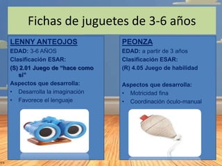 Fichas de juguetes de 3-6 años
LENNY ANTEOJOS

PEONZA

EDAD: 3-6 AÑOS
Clasificación ESAR:
(S) 2.01 Juego de “hace como
si”...
