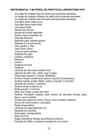 INSTRUMENTAL Y MATERIAL DE PRÁCTICAS LABORATORIO PPR
- Un juego de cubetas lisas de stock para pacientes dentados.
- Un juego de cubetas cribadas de stock para pacientes dentados.
- Un juego de cubetas lisas de stock para pacientes dentados.
- Una tijera para metal curva.
- Una tijera para metal recta.
- Lima para metal.
- Alicate pico de loro
- Alicate de puntas redondas.
- Godiva roja en pastillas (4)
- Cocinilla eléctrica
- Depósito para calentar godiva.
- Alginato (4 a 6 porciones)
- Yeso piedra (1 kilo)
- Yeso Paris (1kilo)
- Taza de goma grande.
- Espátula de yeso.
- Loseta o mayólica.
- Mechero
- Lecrón.
- Espátula de cera
- Vaselina
- Láminas de cera base rosada (4-6)
- Lápices de color rojo, verde, azul y negro.
- Placa base superior e inferior (Shellack)
- Acrílico rosado curado lento (polvo y líquido( (5 porciones)
- Acrílico rosado curado rápido (polvo y líquido( (1 porción)
- Aislante de acrílico (1 porción).
- Godiva verde en barras (2)
- Mufla grande (1 mínimo)
- Motor con brazo y pieza de mano.
- Piedras montadas rosadas para acrílico de diversas formas: pera,
fisura, cono invertido.
- Fresas para pieza de mano: Fisura, cono invertido, redonda.
- Discos de carburundum y de papel.
- Pasta zinquenólica.
- Láminas de papel platinado (2)
- Espátula de cemento.
- Articulador. semiajustable.
- Plano de Fox.
- Regla milimétrica flexible de preferencia blanca.
- Compás de Willis o cualquier compás de uso común.
32
 