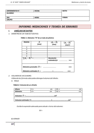 I.E. N° 2029 “ SIMON BOLIVAR” Mediciones y teoría de errores
_________________________________________________________________________________________________________
10
EXPERIMENTO N˚: FECHA: NOTA:
ALUMNO:
DIA: HORA: FIRMA:
GRUPO:
INFORME: MEDICIONES Y TEORÍA DE ERRORES
I. ANÁLISIS DEDATOS
1. DIÁMETRODE UN TUBODE PLÁSTICO.
TABLA 1: Diámetro “D” de un tubo de plástico
Medida D
(mm)
(𝑫𝒊 − 𝑫)
(mm)
( 𝑫𝒊 − 𝑫)
𝟐
(mm2
)
1
2
3
4
5
∑(𝑫𝒊 − 𝑫̅) 𝟐 =………………………… Desviación
estándar(σ)= .................. mm
Diámetro promedio: 𝑫̅ = …………………………… mm
Diámetro estimado:D = …………………..±……………………. mm
2. VOLUMEN DE UN CILINDRO.
Utilizando las fórmulasadecuadasobtenga elvolumen del cilindro.
A. REGLA
TABLA 2: Volumende un cilindro
Altura h = cm 𝛿ℎ = cm
Diámetro d = cm 𝛿𝑑 = cm
Volumen: 𝑽̅ =…………………………………………………………..cm3
Volumenestimado:V=………………………………………..±…………………………………cm3
Escriba la expresión adecuada para calcular el error del volumen:
δV =
B) VERNIER
 