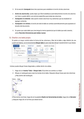 Ms Word: Nivel Basico Intermedio 6 
3. En la sección Autoajuste tiene tres opciones para establecer el ancho de las columnas: 
 Ancho de columna fijo: puede dejar que Word establezca automáticamente el ancho de columna con Auto o puede definir una anchura específica para todas las columnas. 
 Autoajustar al contenido: esta opción creará columnas muy estrechas que se ampliarán al agregar contenido. 
 Autoajustar a la ventana: el ancho de toda la tabla se cambia automáticamente para ajustarse al tamaño del documento. 
4. Si quiere que cada tabla que cree tenga la misma apariencia que la tabla que está creando, active Recordar dimensiones para tablas nuevas 
5) Diseñar una tabla propia 
Si quiere un mayor control sobre la forma de las columnas y filas de la tabla o algo distinto de una cuadrícula básica, con la herramienta Dibujar tabla le será más fácil dibujar exactamente lo que desea. 
Incluso puede dibujar líneas diagonales y celdas dentro de celdas. 
1. Haga clic en Insertar Tabla > Dibujar tabla. El puntero se cambia a un lápiz 
2. Dibuje un rectángulo para crear los bordes de la tabla. Después dibuje líneas para las columnas y filas dentro del rectángulo. 
3 Para borrar una línea, haga clic en la pestaña Diseño de Herramientas de tabla, haga clic en Borrador y después haga clic en la línea que desee borrar.  