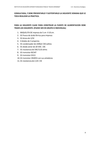 INSTITUTO DE EDUCACIÓN SUPERIOR TECNOLOGICO PÚBLICO “NUEVA ESPERANZA” U.D. Electrónica Analógica
4
CONSULTADA, Y DEBE PRESENTARLO Y SUSTENTARLO LA SIGUIENTE SEMANA QUE LE
TOCA REALIZAR LA PRACTICA.
PARA LA SIGUIENTE CLASE PARA CONSTRUIR LA FUENTE DE ALIMENTACION DEBE
TRAER LOS SIGUIENTE: (PUEDE SER EN GRUPO O INDIVIDUAL)
1. BAQUELITA DE impreso de 5 cm X 10 cm.
2. 01 frasco de ácido férrico para impreso
3. 01 broca de 1/32
4. 4 diodos de 3 amperios
5. 01 condensador de 2200uF /50 voltios
6. 01 diodo zener de 20 VDC. 1W.
7. 01 resistencia de 5W/ 0.33 ohms
8. 01 transistor BC547
9. 01 transistor D313
10. 01 transistor 2N3055 con sus aisladores
11. 01 resistencia de 2.2K 1 W
 