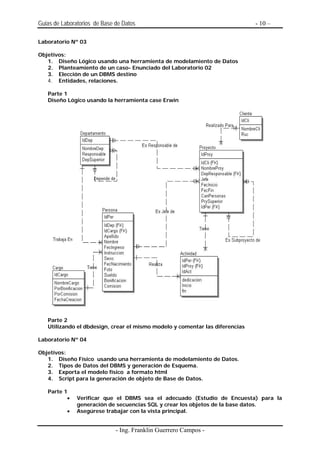 Guias de Laboratorios de Base de Datos                                        - 10 –

Laboratorio Nº 03

Objetivos:
   1. Diseño Lógico usando una herramienta de modelamiento de Datos
   2. Planteamiento de un caso- Enunciado del Laboratorio 02
   3. Elección de un DBMS destino
   4. Entidades, relaciones.

   Parte 1
   Diseño Lógico usando la herramienta case Erwin




   Parte 2
   Utilizando el dbdesign, crear el mismo modelo y comentar las diferencias

Laboratorio Nº 04

Objetivos:
   1. Diseño Físico usando una herramienta de modelamiento de Datos.
   2. Tipos de Datos del DBMS y generación de Esquema.
   3. Exporta el modelo físico a formato html
   4. Script para la generación de objeto de Base de Datos.

   Parte 1
          •    Verificar que el DBMS sea el adecuado (Estudio de Encuesta) para la
               generación de secuencias SQL y crear los objetos de la base datos.
           •   Asegúrese trabajar con la vista principal.


                              - Ing. Franklin Guerrero Campos -
 