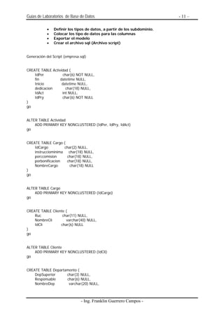 Guias de Laboratorios de Base de Datos                                   - 11 –

           •   Definir los tipos de datos, a partir de los subdominio.
           •   Colocar los tipo de datos para las columnas
           •   Exportar el modelo
           •   Crear el archivo sql (Archivo script)


Generación del Script (empresa.sql)


CREATE TABLE Actividad (
    IdPer           char(6) NOT NULL,
    fin           datetime NULL,
    Inicio         datetime NULL,
    dedicacion       char(18) NULL,
    IdAct          int NULL,
    IdPry          char(6) NOT NULL
)
go


ALTER TABLE Actividad
    ADD PRIMARY KEY NONCLUSTERED (IdPer, IdPry, IdAct)
go


CREATE TABLE Cargo (
    IdCargo          char(2) NULL,
    instrucciominima   char(18) NULL,
    porccomision      char(18) NULL,
    porbonificacion   char(18) NULL,
    NombreCargo         char(18) NULL
)
go


ALTER TABLE Cargo
    ADD PRIMARY KEY NONCLUSTERED (IdCargo)
go


CREATE TABLE Cliente (
    Ruc            char(11) NULL,
    NombreCli        varchar(40) NULL,
    IdCli         char(6) NULL
)
go


ALTER TABLE Cliente
    ADD PRIMARY KEY NONCLUSTERED (IdCli)
go


CREATE TABLE Departamento (
    DepSuperior     char(3) NULL,
    Responsable     char(6) NULL,
    NombreDep        varchar(20) NULL,



                                - Ing. Franklin Guerrero Campos -
 