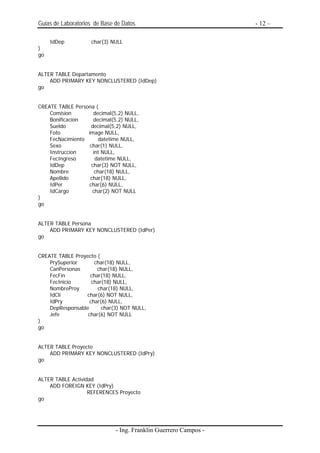 Guias de Laboratorios de Base de Datos                            - 12 –

     IdDep          char(3) NULL
)
go


ALTER TABLE Departamento
    ADD PRIMARY KEY NONCLUSTERED (IdDep)
go


CREATE TABLE Persona (
    Comision         decimal(5,2) NULL,
    Bonificacion     decimal(5,2) NULL,
    Sueldo         decimal(5,2) NULL,
    Foto          image NULL,
    FecNacimiento       datetime NULL,
    Sexo           char(1) NULL,
    Instruccion      int NULL,
    FecIngreso        datetime NULL,
    IdDep           char(3) NOT NULL,
    Nombre            char(18) NULL,
    Apellido       char(18) NULL,
    IdPer         char(6) NULL,
    IdCargo         char(2) NOT NULL
)
go


ALTER TABLE Persona
    ADD PRIMARY KEY NONCLUSTERED (IdPer)
go


CREATE TABLE Proyecto (
    PrySuperior      char(18) NULL,
    CanPersonas       char(18) NULL,
    FecFin         char(18) NULL,
    FecInicio       char(18) NULL,
    NombreProy        char(18) NULL,
    IdCli        char(6) NOT NULL,
    IdPry          char(6) NULL,
    DepResponsable      char(3) NOT NULL,
    Jefe          char(6) NOT NULL
)
go


ALTER TABLE Proyecto
    ADD PRIMARY KEY NONCLUSTERED (IdPry)
go


ALTER TABLE Actividad
    ADD FOREIGN KEY (IdPry)
                   REFERENCES Proyecto
go




                              - Ing. Franklin Guerrero Campos -
 