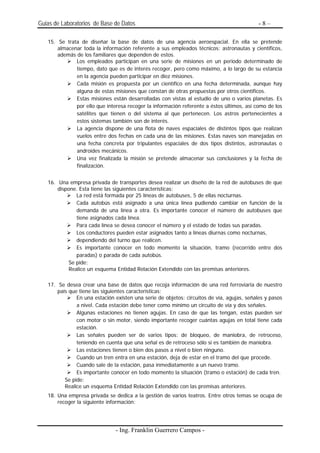 Guias de Laboratorios de Base de Datos                                                      -8–

   15. Se trata de diseñar la base de datos de una agencia aeroespacial. En ella se pretende
       almacenar toda la información referente a sus empleados técnicos: astronautas y científicos,
       además de los familiares que dependen de estos.
              Los empleados participan en una serie de misiones en un periodo determinado de
              tiempo, dato que es de interés recoger, pero como máximo, a lo largo de su estancia
              en la agencia pueden participar en diez misiones.
              Cada misión es propuesta por un científico en una fecha determinada, aunque hay
              alguna de estas misiones que constan de otras propuestas por otros científicos.
              Estas misiones están desarrolladas con vistas al estudio de uno o varios planetas. Es
              por ello que interesa recoger la información referente a éstos últimos, así como de los
              satélites que tienen o del sistema al que pertenecen. Los astros pertenecientes a
              estos sistemas también son de interés.
              La agencia dispone de una flota de naves espaciales de distintos tipos que realizan
              vuelos entre dos fechas en cada una de las misiones. Estas naves son manejadas en
              una fecha concreta por tripulantes espaciales de dos tipos distintos, astronautas o
              androides mecánicos.
              Una vez finalizada la misión se pretende almacenar sus conclusiones y la fecha de
              finalización.


   16. Una empresa privada de transportes desea realizar un diseño de la red de autobuses de que
       dispone. Esta tiene las siguientes características:
               La red está formada por 25 líneas de autobuses, 5 de ellas nocturnas.
               Cada autobús está asignado a una única línea pudiendo cambiar en función de la
               demanda de una línea a otra. Es importante conocer el número de autobuses que
               tiene asignados cada línea.
               Para cada línea se desea conocer el número y el estado de todas sus paradas.
               Los conductores pueden estar asignados tanto a líneas diurnas como nocturnas,
               dependiendo del turno que realicen.
               Es importante conocer en todo momento la situación, tramo (recorrido entre dos
               paradas) o parada de cada autobús.
            Se pide:
            Realice un esquema Entidad Relación Extendido con las premisas anteriores.

   17. Se desea crear una base de datos que recoja información de una red ferroviaria de nuestro
       país que tiene las siguientes características:
               En una estación existen una serie de objetos: circuitos de vía, agujas, señales y pasos
               a nivel. Cada estación debe tener como mínimo un circuito de vía y dos señales.
               Algunas estaciones no tienen agujas. En caso de que las tengan, estas pueden ser
               con motor o sin motor, siendo importante recoger cuántas agujas en total tiene cada
               estación.
               Las señales pueden ser de varios tipos: de bloqueo, de maniobra, de retroceso,
               teniendo en cuenta que una señal es de retroceso sólo si es también de maniobra.
               Las estaciones tienen o bien dos pasos a nivel o bien ninguno.
               Cuando un tren entra en una estación, deja de estar en el tramo del que procede.
               Cuando sale de la estación, pasa inmediatamente a un nuevo tramo.
               Es importante conocer en todo momento la situación (tramo o estación) de cada tren.
          Se pide:
          Realice un esquema Entidad Relación Extendido con las premisas anteriores.
   18. Una empresa privada se dedica a la gestión de varios teatros. Entre otros temas se ocupa de
       recoger la siguiente información:




                               - Ing. Franklin Guerrero Campos -
 