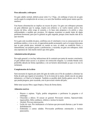 Peso adecuado y sobrepeso
Un gato adulto normal, debería pesar entre 4 y 5 Kgs., sin embargo el peso de un gato
oscila según la complexión de su raza y su sexo (las hembras suelen pesar menos que los
machos).
Una buena alimentación no implica un exceso de peso. Un gato con sobrepeso presenta
un gran abdomen que le cuelga, respira con esfuerzo y se vuelve menos activo. Ese
exceso de kilos, sobre exige al corazón, y lo hace más propenso a la artritis y otras
enfermedades a medida que envejece. En algunas ocasiones se puede tratar de algún
problema hormonal, pero por lo general un gato engorda, porque come mucho más de lo
que necesita.
Si tu gato está excedido de peso, confirma con el veterinario si no es consecuencia de un
problema médico, si no es así, el especialista podrá aconsejarle cual es la mejor dieta para
que tu gato pierda peso, teniendo en cuenta su raza, su edad, su condición física, y
naturalmente, sus propios gustos y preferencias, y recuerda, un gato con sobrepeso, tiene
una esperanza de vida mucho menor que otros gatos.
Administración del pienso
Por regla general y si no hay indicaciones de lo contrario por parte de nuestro veterinario,
el gato deberá tener acceso a su pienso sin restricción ninguna. La comida blanda sería
preferible dársela de forma esporádica y sin un horario determinado ya que si no nos lo
reclamará.
Complementos de la dieta
Será necesaria la ingesta por parte del gato de malta con el fin de ayudarle a eliminar las
bolas de pelo que ingiere al acicalarse. Si no la toma de tu mano, úntale una de sus patas
delanteras y al final se la limpiará. También es posible darle hierba gatera con el fin de
que pueda purgarse, pero recuerda, esto le provocará vómito del pelo.
Debe tener acceso libre a agua limpia y fresca de forma diaria.
Alimentos nocivos
- Huesos o espinas. Vigila, podría atragantarse o perforarse la garganta o el
estómago.
- Chocolate y dulces. El azucar en general. Provocará vómitos, hiperactividad,
taquicardias, fallos cardíacos, infartos e incluso la muerte
- Alcohol. Provoca intoxicación.
- Leche de vaca. Por intolerancia a la lactosa que provocará diarreas y por lo tanto
deshidratación.
- Embutidos o carnes saladas. Provocarán problemas estomacales e incluso
pancreatitis.
 