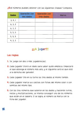 ¿Qué números puedes obtener con las siguientes tiradaS? Completa.
Dados
3, 4, 1
6, 3, 2
6, 3, 2
5, 5, 5
5, 5, 5
4, 3, 3
¡¡¡A jugar!!'
Las reglas
1. Se juega con dos o más jugadores(as).
2. Cada jugador tirará un dado para saber quién empieza. Empezará
el que obtenga el número más alto, y el siguiente será el que esté
a la derecha del ganador.
3. Cada jugador tira en su turno los tres dados al mismo tiempo.
'l. Cada jugador marca sus casillas con fichas del mismo color o con
semillas del mismo tipo.
5. Con los tres números que salieron en lOS dados y haciendo sumas,
restas y mUltiplicaciones, se intenta conseguir uno de los números
que están en el tablero. Si se logra, el número se marca con la
ficha del jugador.
I
 