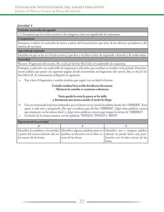 Evaluación InstitucionaL del Logro Educativo
Jardines de Niños y Centros de Desarrollo Infantil.
22
Actividad 5
Estándar curricular de español
1.3. Interpreta que los textos escritos y las imágenes crean un significado al conjuntarse.
Competencia
Interpreta o infiere el contenido de textos a partir del conocimiento que tiene de los diversos portadores y del
sistema de escritura.
Aprendizaje esperado
Identifica lo que se lee en el texto escrito, y que leer y escribir se hace de izquierda a derecha y de arriba abajo.
Actividad
Recurso: Fragmento del cuento ¡No, no fui yo! de Ivar Da Coll y el cuadernillo de respuestas.
Entregue a cada niño un cuadernillo de respuestas y solicíteles que escriban su nombre en la portada.Posterior-
mente pídales que pasen a la siguiente página donde encontrarán un fragmento del cuento ¡No, no fui yo! de
Ivar Da Coll. A continuación indíqueles lo siguiente:
Cuando estaban bien arriba decidieron descansar.
Alistaron la comida: se sentaron a almorzar.
Vacía quedó la cesta la panza se les infló
y durmieron una siesta cuando el sueño les llegó.
Ejecución de la actividad
3 2 1
Identifica las palabras y las justifica
a partir del reconocimiento del va-
lor sonoro de las letras.
Identifica algunas palabras pero no
justifica su elección con el valor so-
noro de las letras.
Identifica una o ninguna palabra
además no puede hacer una justi-
ficación con el valor sonoro de las
letras.
Voy a leer el fragmento y ustedes tendrán que seguir con su dedo la lectura:
Una vez terminada la lectura indíqueles que encierren en un círculo la palabra donde dice “ARRIBA”.Acér-
quese a cada niño y pregúntele ¿Por qué consideras que ahí dice “ARRIBA”? ¿Qué otras palabras conoces
que empiecen con la misma letra? o ¿Qué otras palabras conoces que tengan las letras de “ARRIBA”?
Continúe de la misma manera con las palabras: “PANZA”, “INFLÓ” y “BIEN”
a.
b.
c.
 