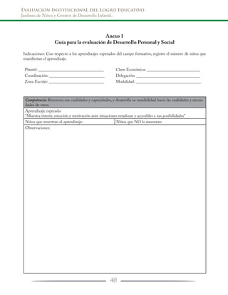 Evaluación InstitucionaL del Logro Educativo
Jardines de Niños y Centros de Desarrollo Infantil.
40
Anexo 1
Guía para la evaluación de Desarrollo Personal y Social
Indicaciones: Con respecto a los aprendizajes esperados del campo formativo, registre el número de niños que
manifiestan el aprendizaje.
Plantel: ________________________________ Clave Económica: __________________________
Coordinación: ___________________________ Delegación: _______________________________
Zona Escolar: ___________________________ Modalidad: ________________________________
Competencia: Reconoce sus cualidades y capacidades, y desarrolla su sensibilidad hacia las cualidades y necesi-
dades de otros.
Aprendizaje esperado:
“Muestra interés, emoción y motivación ante situaciones retadoras y accesibles a sus posibilidades”
Niños que muestran el aprendizaje: Niños que NO lo muestran:
Observaciones:
 