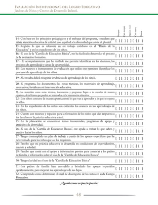 Evaluación InstitucionaL del Logro Educativo
Jardines de Niños y Centros de Desarrollo Infantil.
48
Siempre
Casisiempre
Algunasveces
Casinunca
Nunca
14.-Con base en los principios pedagógicos y el enfoque del programa, considero que
existe atención educativa de calidad con equidad a la diversidad que asiste al plantel.
[ ] [ ] [ ] [ ] [ ]
15.-Registro lo que es relevante en mi trabajo cotidiano en el "Diario de la
Educadora" y en los expedientes de los niños.
[ ] [ ] [ ] [ ] [ ]
16.-El uso de la "Cartilla de Educación Básica", me ha facilitado desarrollar el proceso
de la evaluación formativa.
[ ] [ ] [ ] [ ] [ ]
17.- El acompañamiento que he recibido me permite identiﬁcar en los alumnos, los
procesos de aprendizaje y áreas de oportunidad.
[ ] [ ] [ ] [ ] [ ]
18.-Los recursos e instrumentos de evaluación que utilizo me permiten identiﬁcar los
procesos de aprendizaje de los niños.
[ ] [ ] [ ] [ ] [ ]
19.-Me resulta difícil recuperar evidencias de aprendizaje de los niños. [ ] [ ] [ ] [ ] [ ]
20.-El programa, los documentos, las notas técnicas, los materiales de aprendizaje,
entre otros; fortalecen mi intervención educativa.
[ ] [ ] [ ] [ ] [ ]
21.-Los materiales como notas técnicas, documentos y programas llegan a las escuelas de manera
oportuna, de tal forma que pueden ser retomados en la intervención educativa.
[ ] [ ] [ ] [ ] [ ]
22.-Los niños conocen de manera permanente lo que van a aprender y lo que se espera
de ellos. [ ] [ ] [ ] [ ] [ ]
23.-En los expedientes de los niños son evidentes los avances en los aprendizajes de
los niños. [ ] [ ] [ ] [ ] [ ]
24.-Cuento con recursos y espacios para la formación de los niños que dan respuesta a
los desafíos en la práctica educativa actual.
[ ] [ ] [ ] [ ] [ ]
25.-En la planeación se encuentran temas transversales, programas de apoyo y
atención a la diversidad. [ ] [ ] [ ] [ ] [ ]
26.-El uso de la "Cartilla de Educación Básica", me ayuda a revisar lo que saben y
pueden hacer los niños.
[ ] [ ] [ ] [ ] [ ]
27.-Tengo contemplado un plan de trabajo a partir de los apoyos especíﬁcos que he
determinado para los niños que así los requieren.
[ ] [ ] [ ] [ ] [ ]
28.-Percibo que mi práctica educativa se desarrolla en condiciones de incertidumbre,
tensión y soledad. [ ] [ ] [ ] [ ] [ ]
29.-Percibo que conté con el apoyo e información previos para convocar a los padres
de familia e informarles sobre el uso de la "Cartilla de Educación Básica"
[ ] [ ] [ ] [ ] [ ]
30.-Tengo claridad en el uso de la "Cartilla de Educación Básica" [ ] [ ] [ ] [ ] [ ]
31.-Los padres de familia han entendido y brindado los apoyos requeridos
oportunamente, para mejorar los aprendizajes de sus hijos.
[ ] [ ] [ ] [ ] [ ]
32.-Comprendo como determinar el nivel de desempeño de los niños en cada Campo
Formativo.
[ ] [ ] [ ] [ ] [ ]
¡Agradecemos su participación!
 